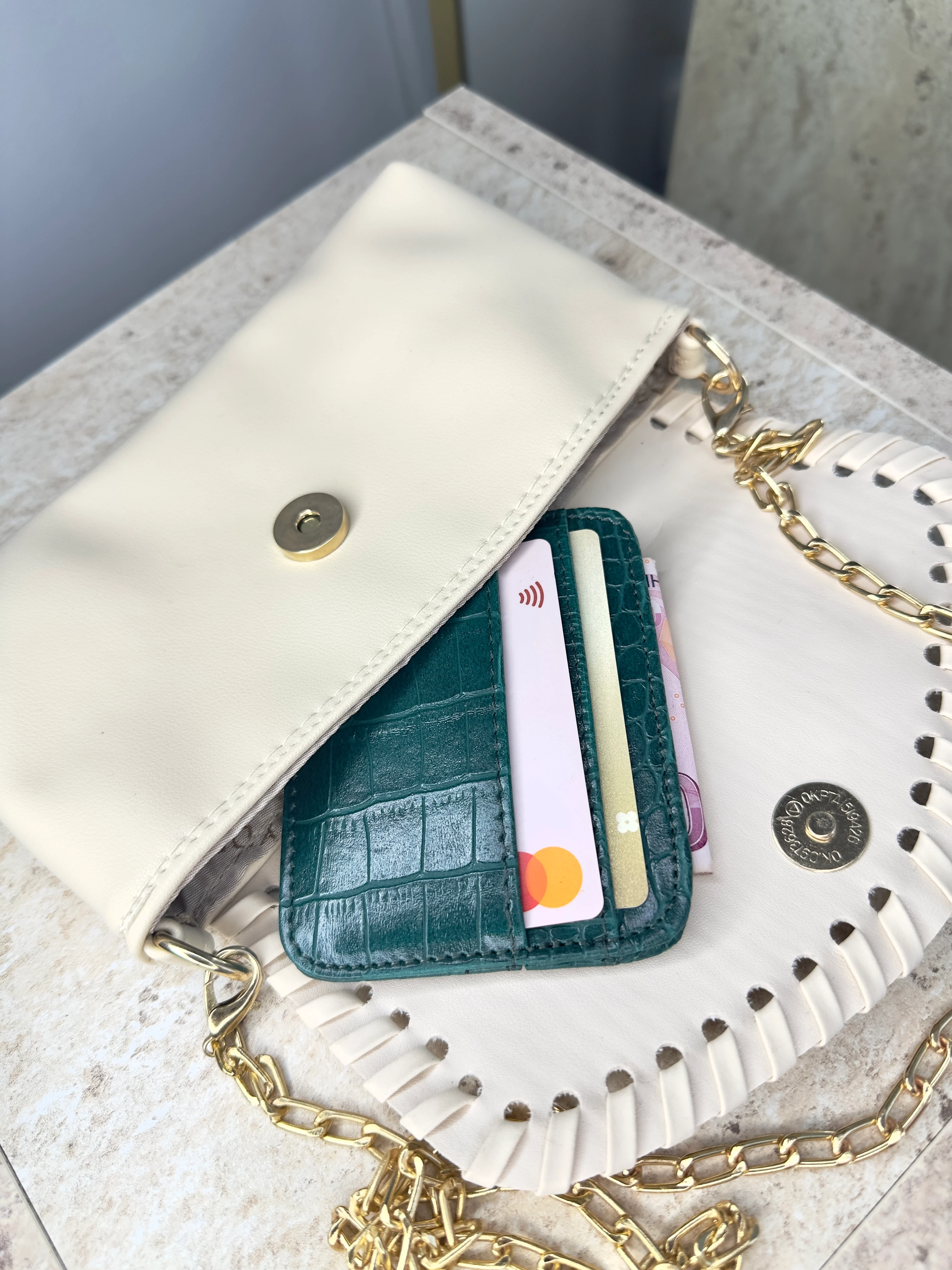 Dokulu Suni Deri, Kartlık - Kağıt Para Bölmeli Unisex Kartlık - Haki