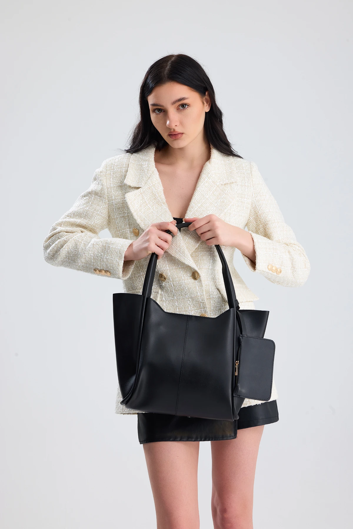  Velina Cüzdan Detaylı Büyük Boy Kadın El, Kol ve Omuz Çantası - Siyah