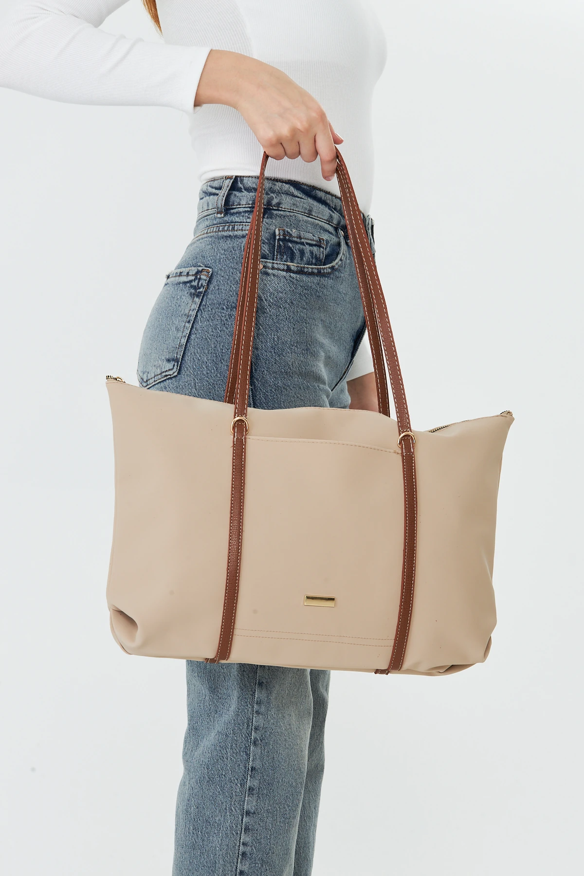 Isola Büyük Boy Şeritli Kadın Omuz, Kol ve El Çantası - Bej