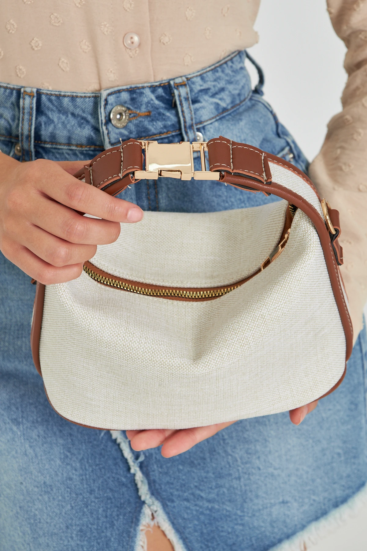 Ravella Kanvas Metal Tokalı Kadın El, Kol ve Omuz Çantası - Taba