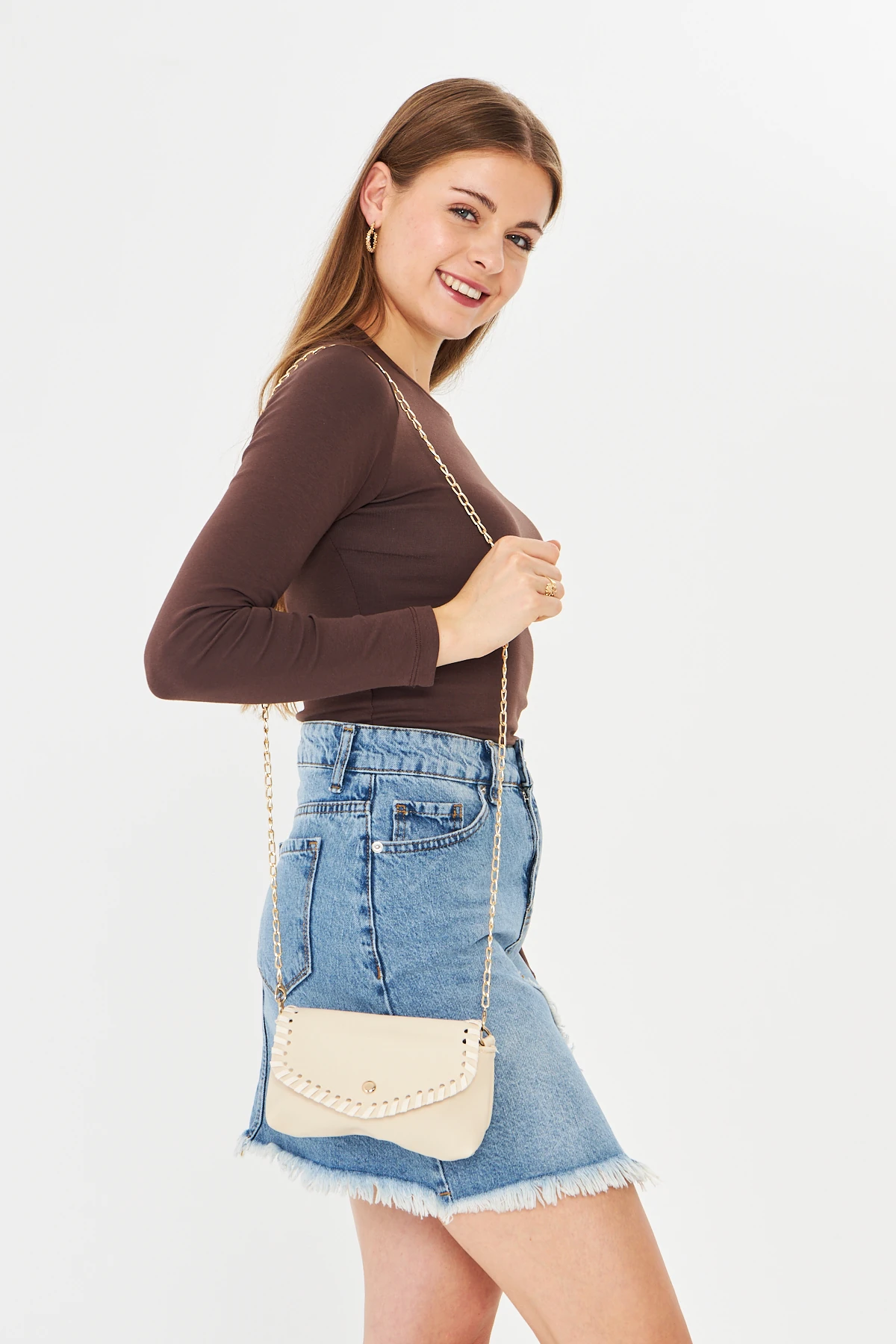 Allegra Zincirli Günlük Mini Kadın Omuz, Kol ve El Çantası - Bej