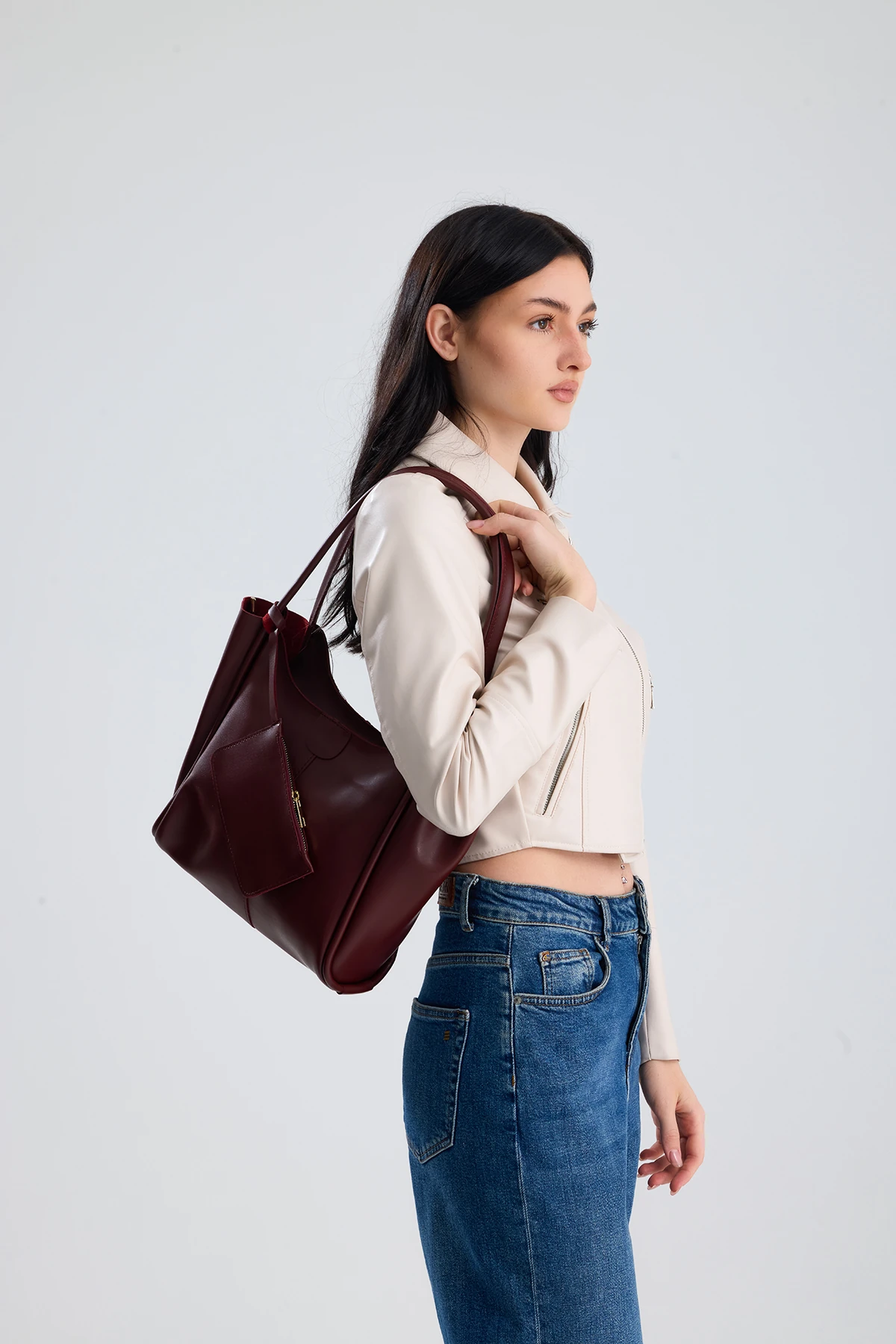  Velina Cüzdan Detaylı Büyük Boy Kadın El, Kol ve Omuz Çantası - Bordo