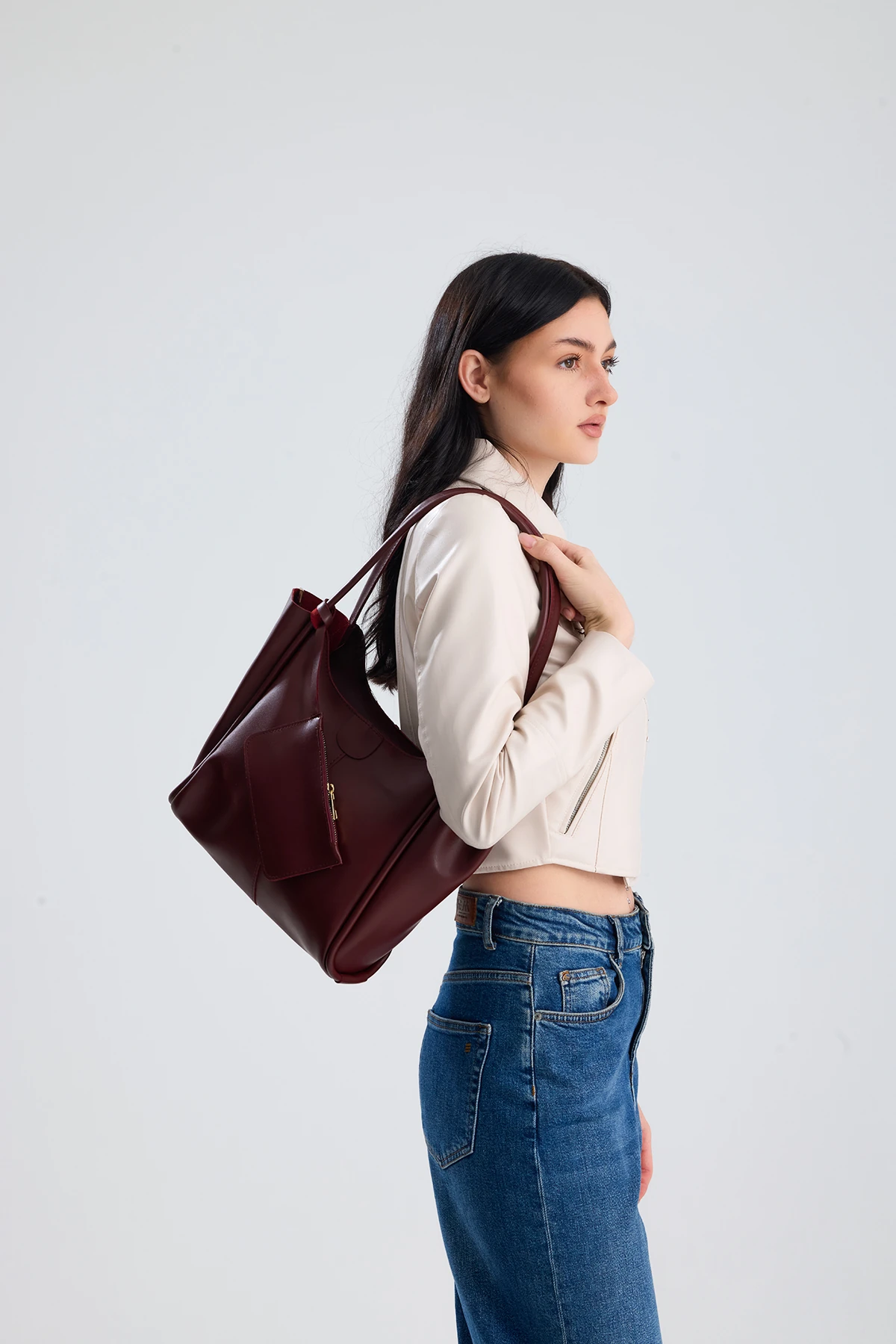  Velina Cüzdan Detaylı Büyük Boy Kadın El, Kol ve Omuz Çantası - Bordo