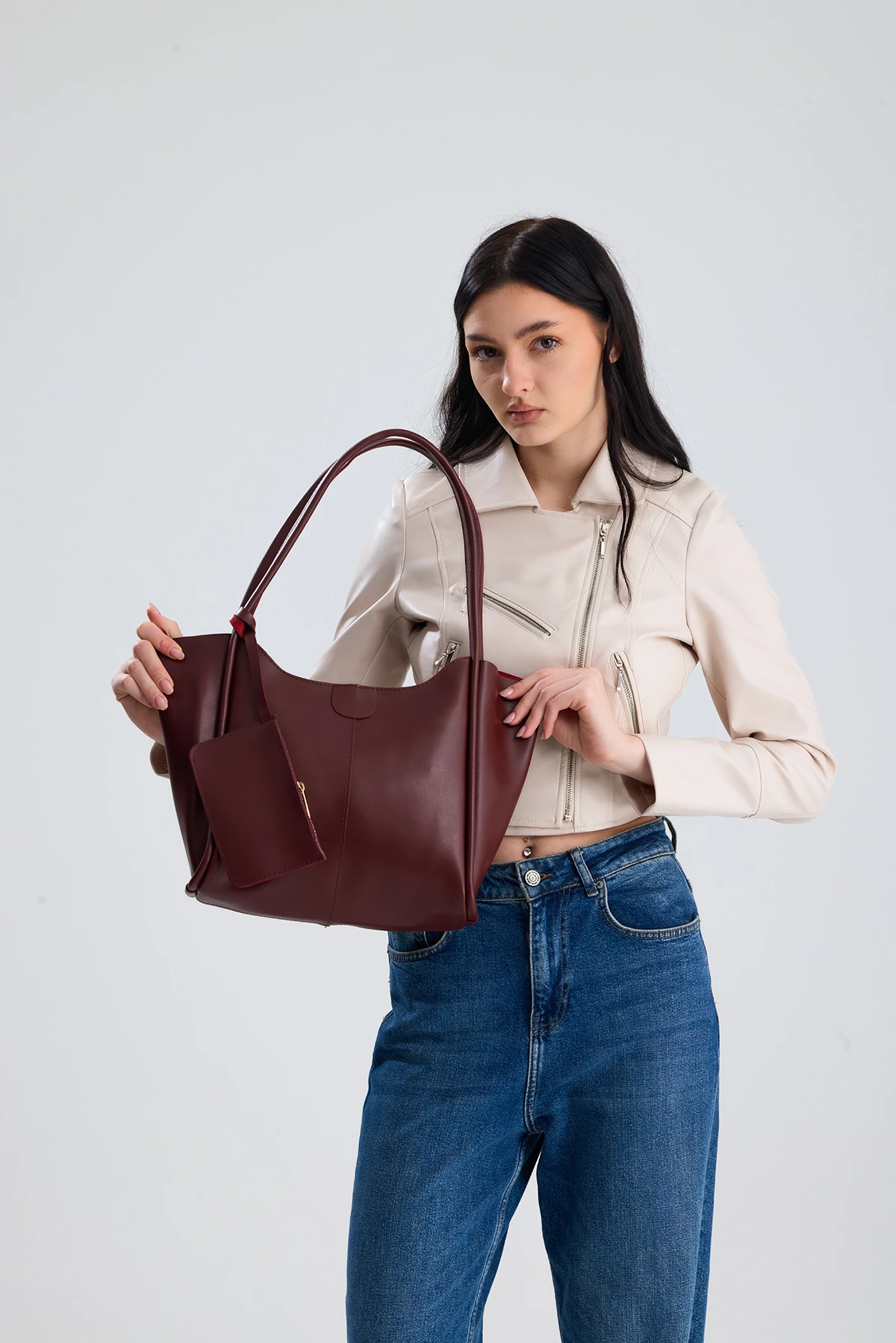  Velina Cüzdan Detaylı Büyük Boy Kadın El, Kol ve Omuz Çantası - Bordo