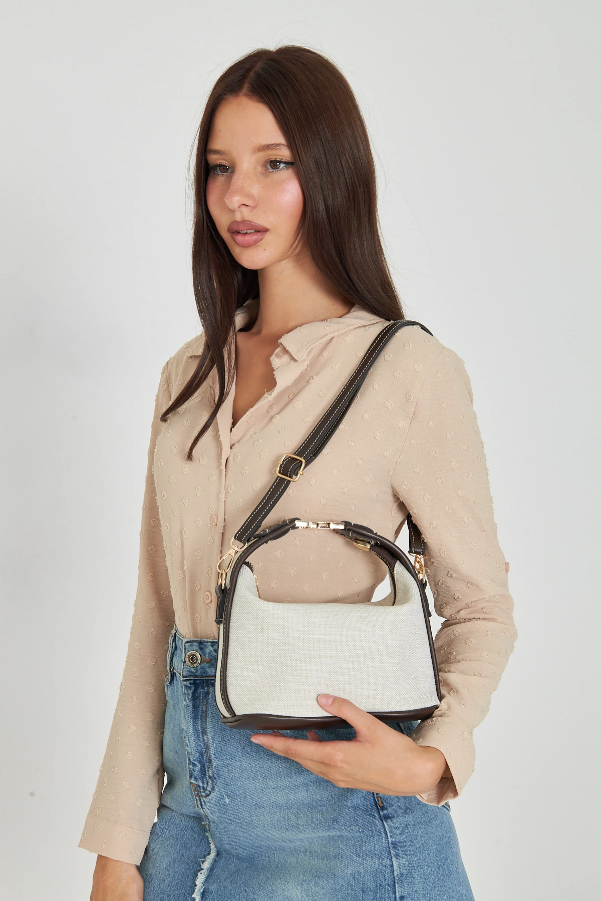 Ravella Kanvas Metal Tokalı Kadın El, Kol ve Omuz Çantası - Kahverengi