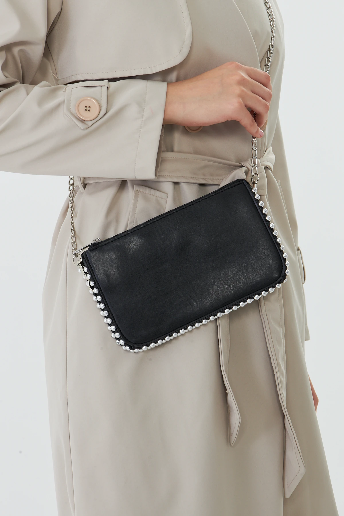 Feyora Zincir Askılı Boncuklu Kadın Omuz, Kol ve El Çantası - Siyah