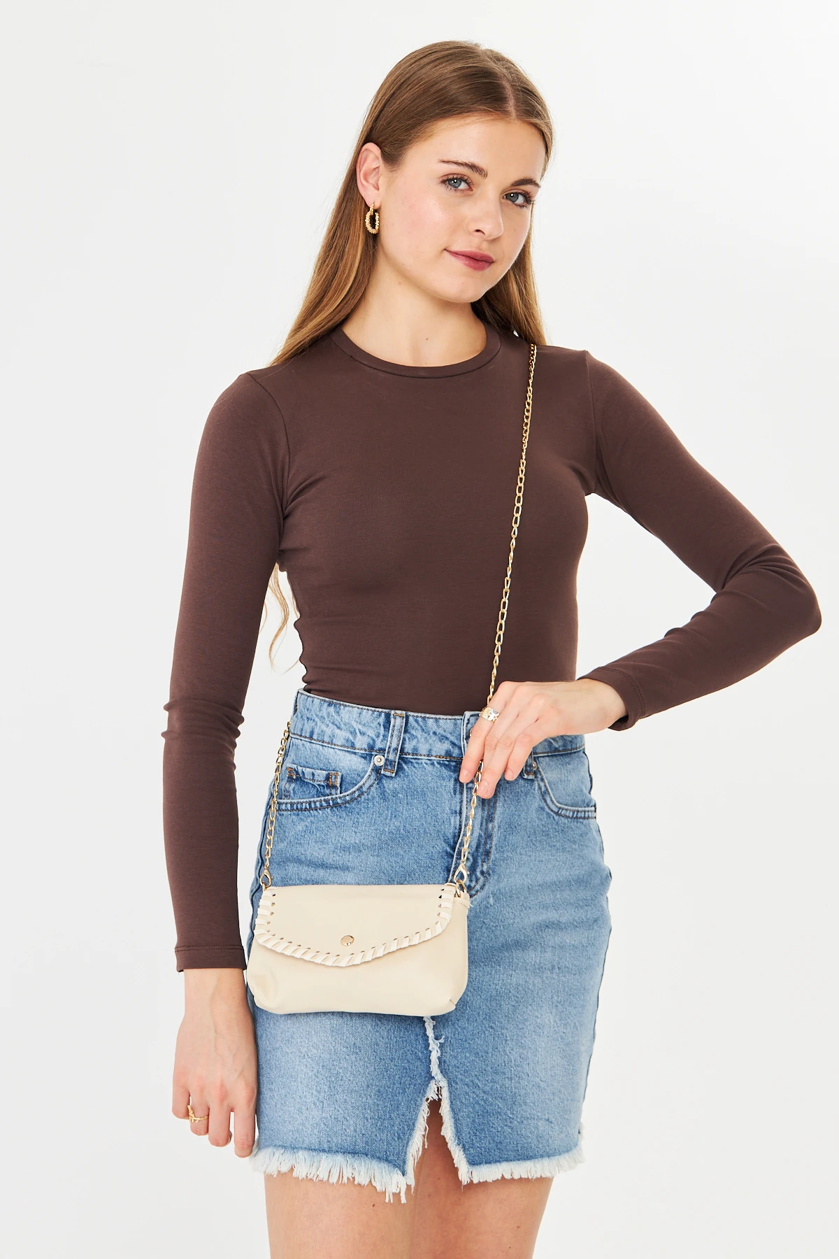 Allegra Zincirli Günlük Mini Kadın Omuz, Kol ve El Çantası - Bej