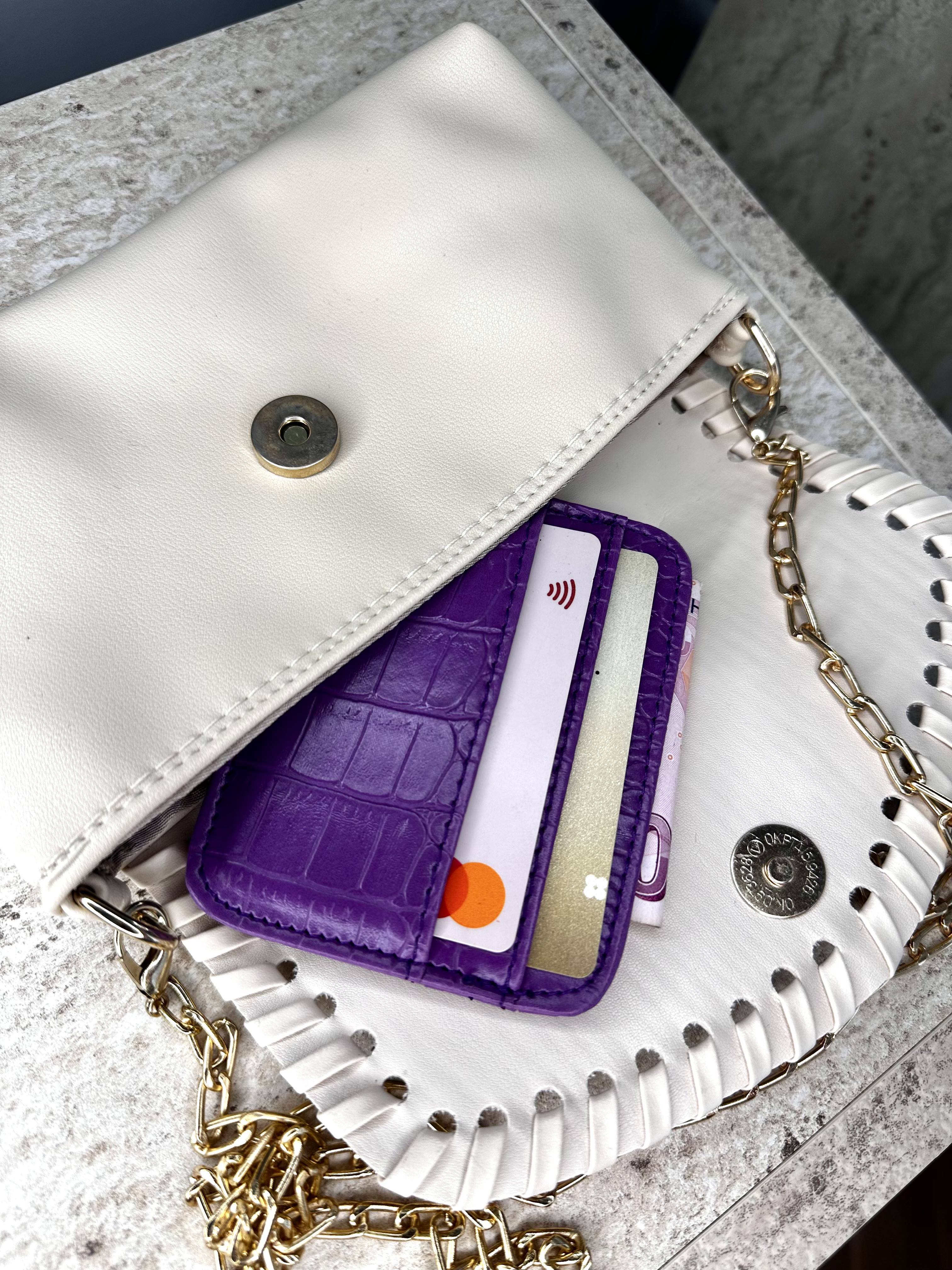 Dokulu Suni Deri, Kartlık - Kağıt Para Bölmeli Unisex Kartlık - Lila