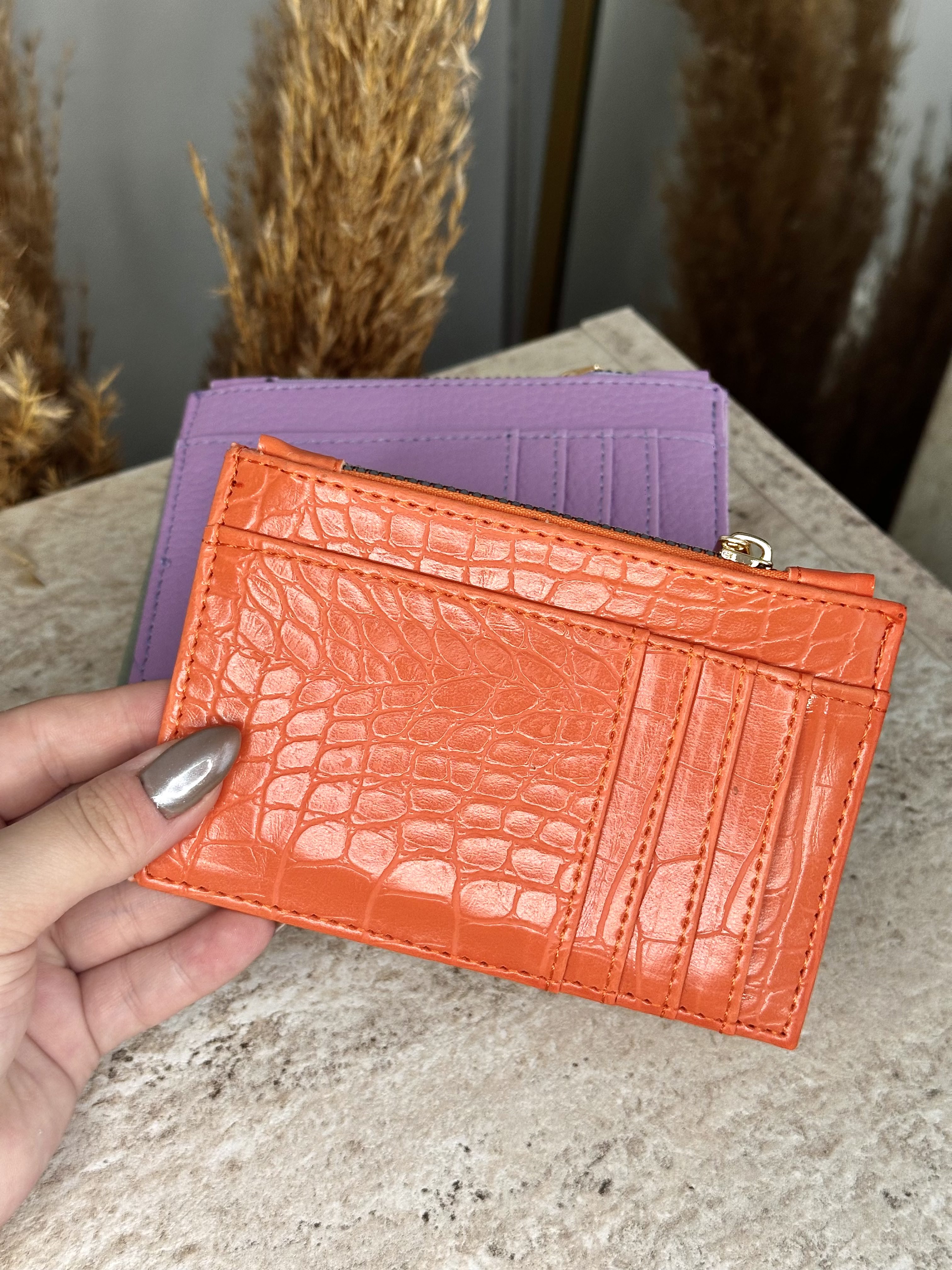 Suni Deri Kadın Kartlık - Fermuarlı Kartlık ve Para Bölmeli - Turuncu