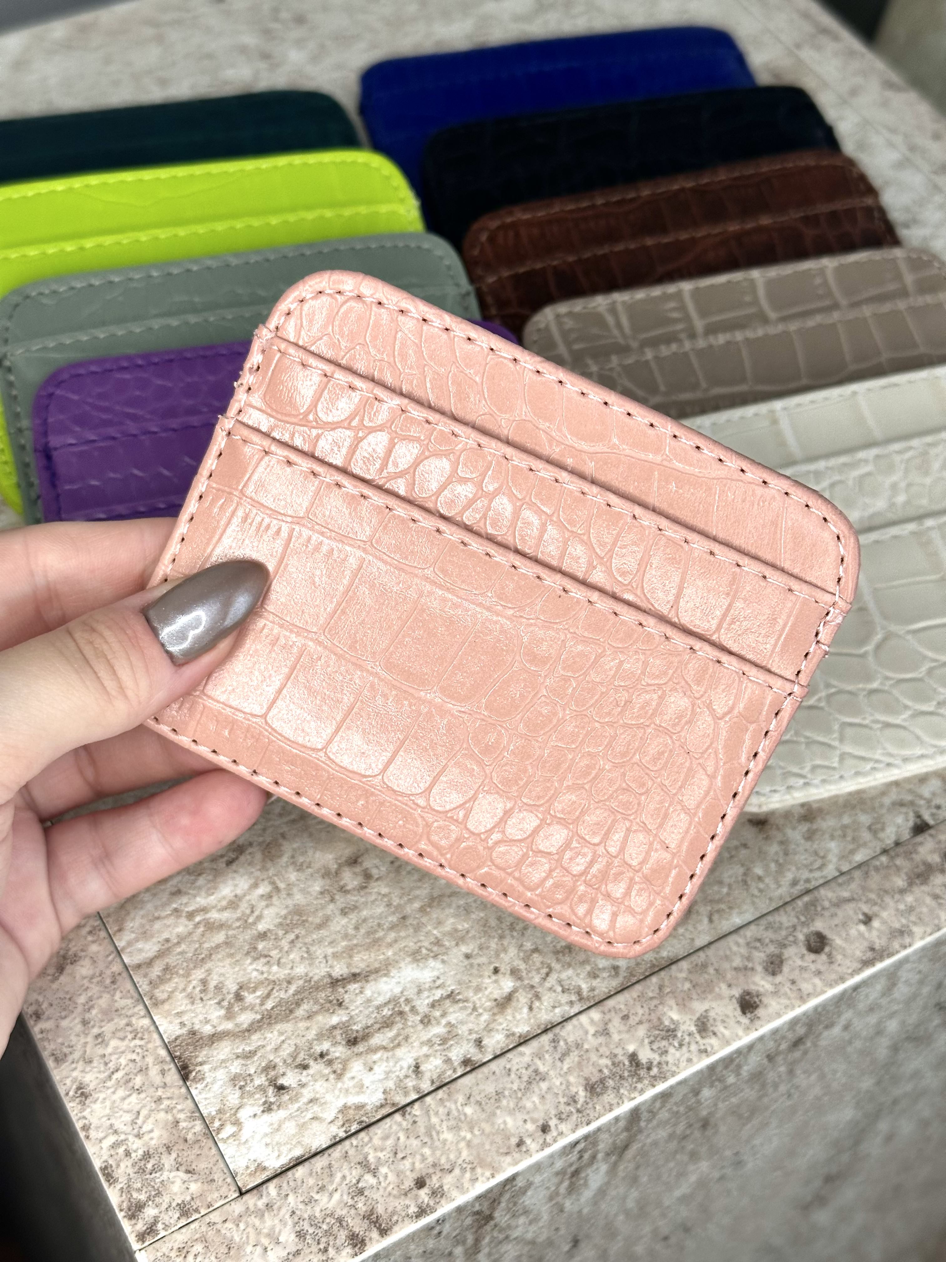 Dokulu Suni Deri, Kartlık - Kağıt Para Bölmeli Unisex Kartlık - Pudra