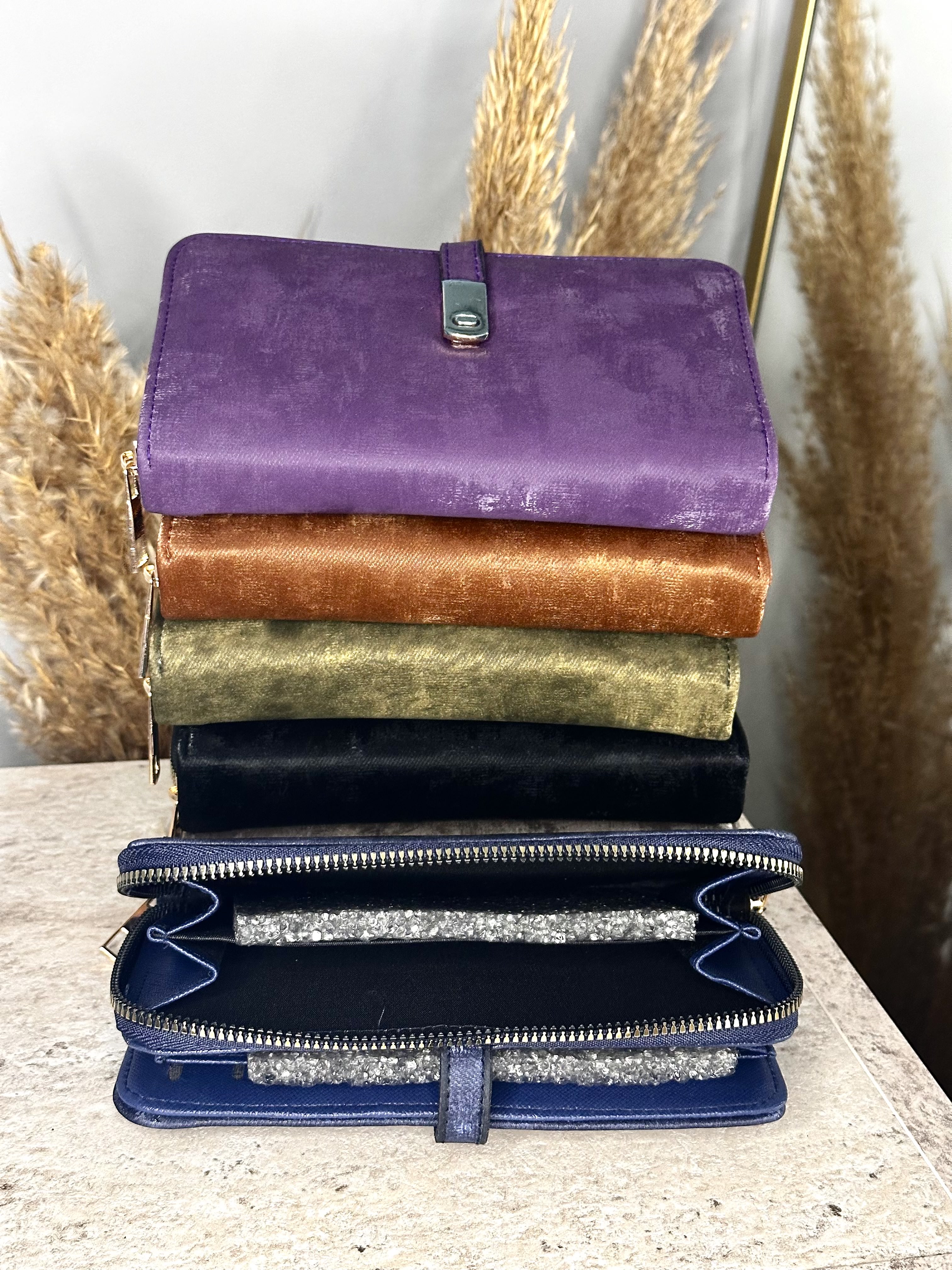 Suet Kadın Çıtçıtlı Cüzdan - Fermuarlı Telefon, Kağıt ve Bozuk Para Bölmeli - Lacivert