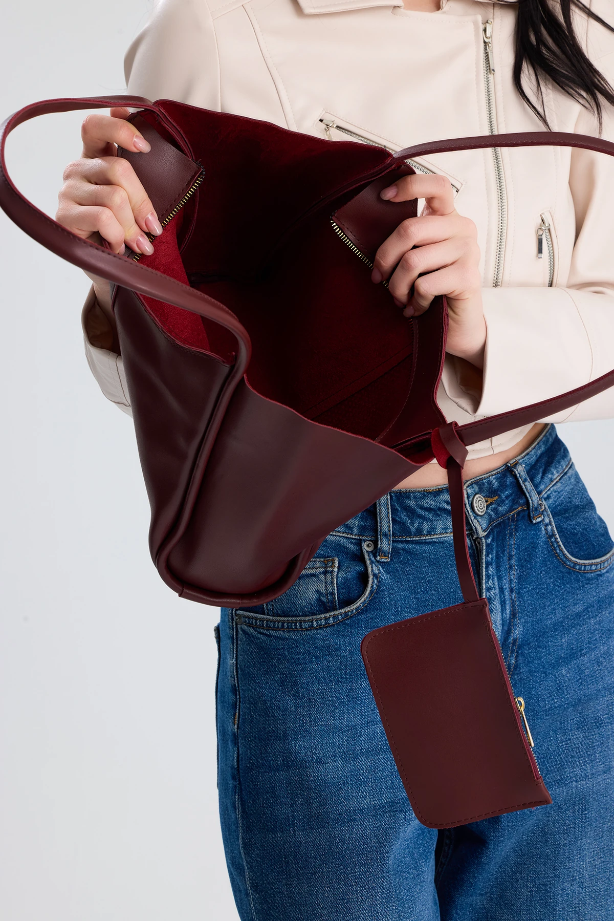  Velina Cüzdan Detaylı Büyük Boy Kadın El, Kol ve Omuz Çantası - Bordo