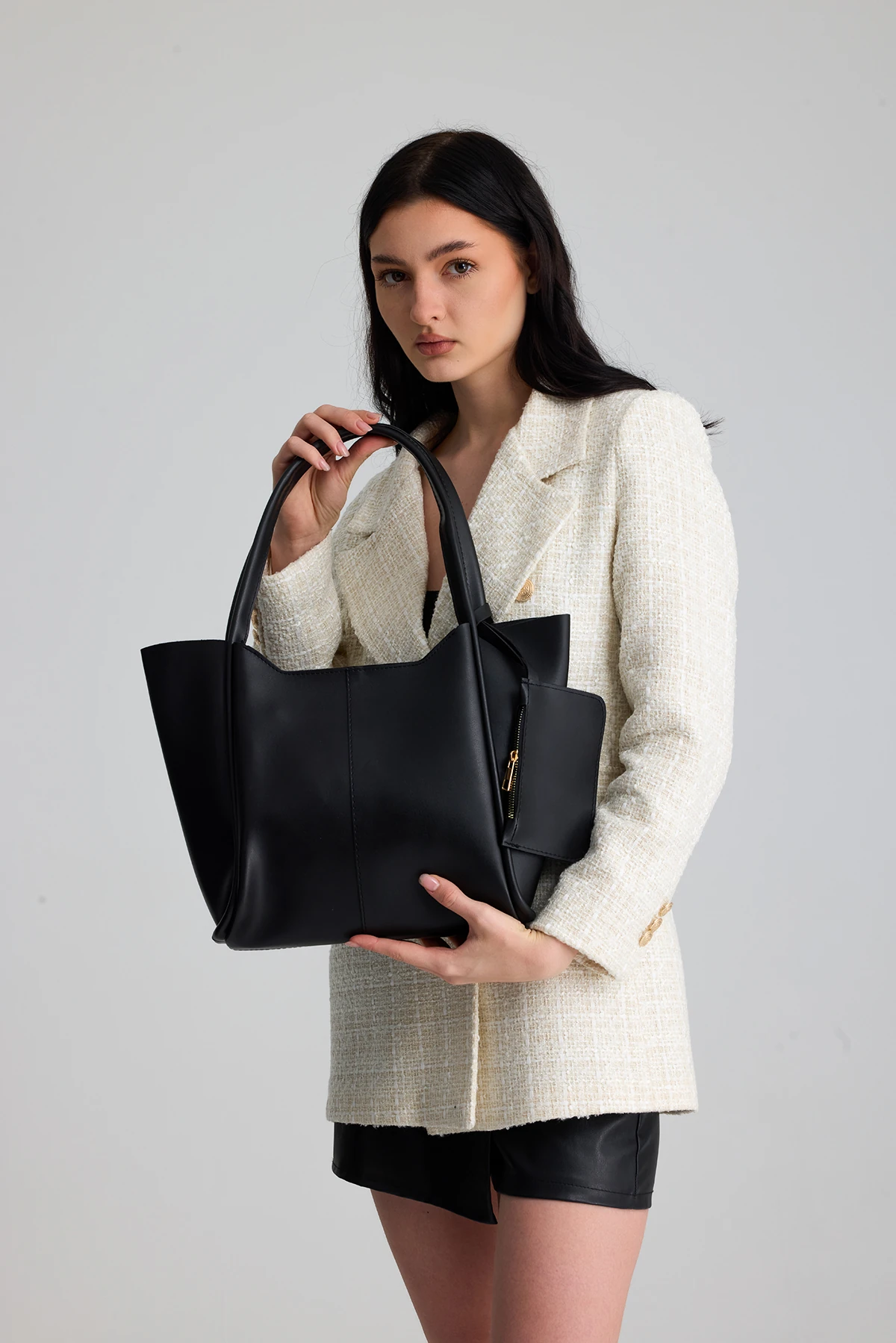  Velina Cüzdan Detaylı Büyük Boy Kadın El, Kol ve Omuz Çantası - Siyah