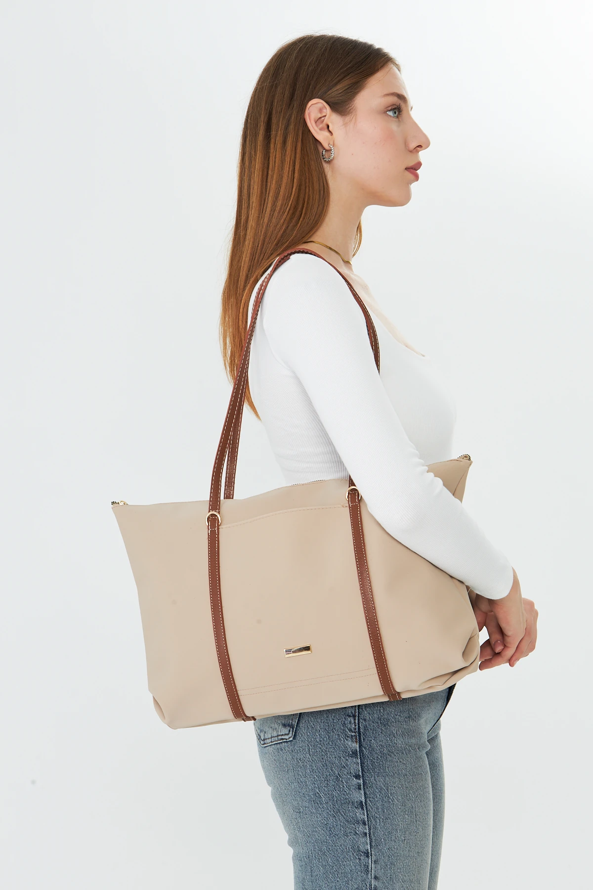 Isola Büyük Boy Şeritli Kadın Omuz, Kol ve El Çantası - Bej