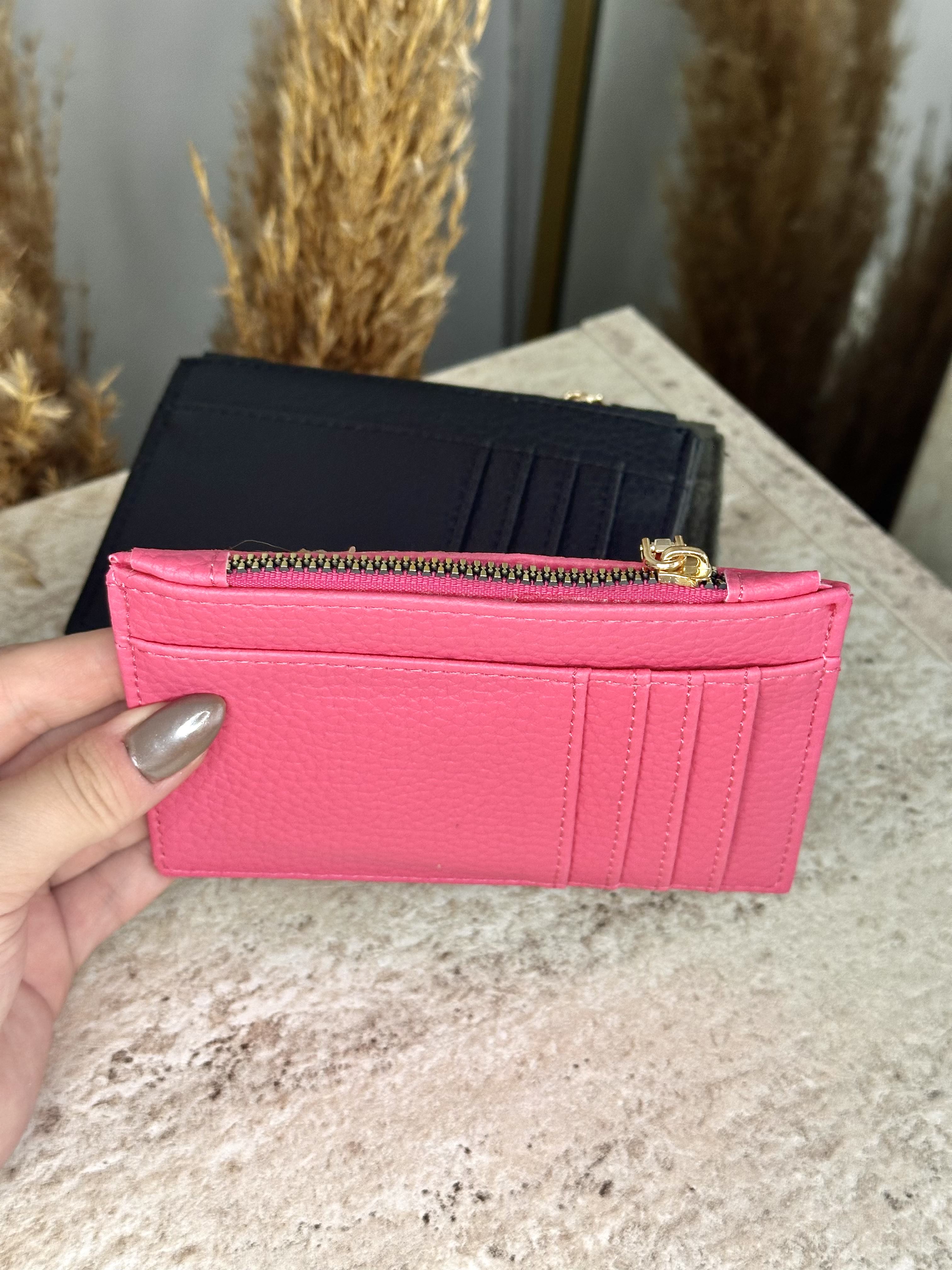 Suni Deri Kadın Kartlık - Fermuarlı Kartlık ve Para Bölmeli - Fuşya