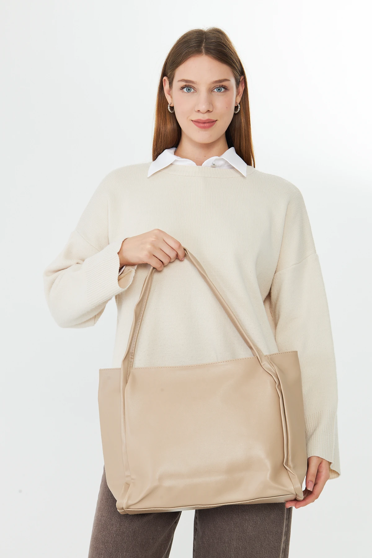 Esmarie Çift Saplı Salaş Kadın Omuz, Kol ve El Çantası - Bej