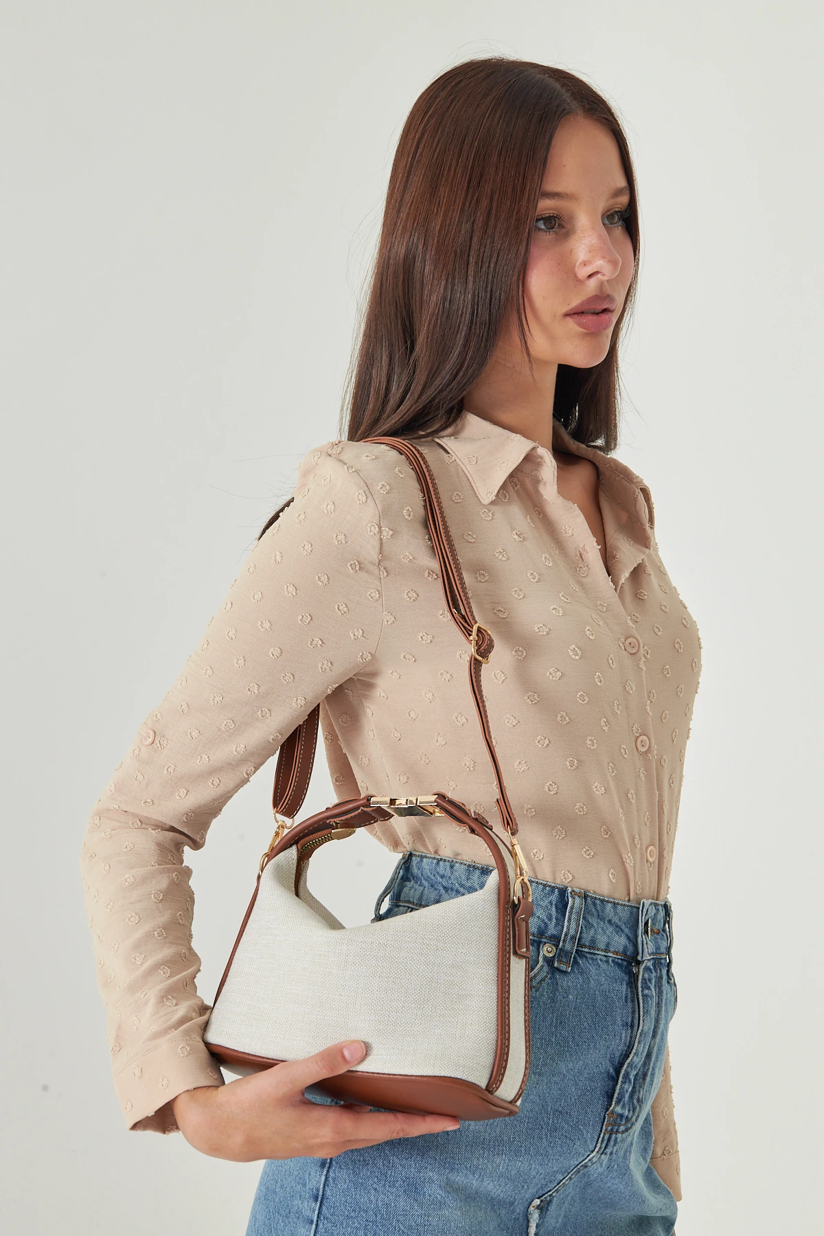 Ravella Kanvas Metal Tokalı Kadın El, Kol ve Omuz Çantası - Taba