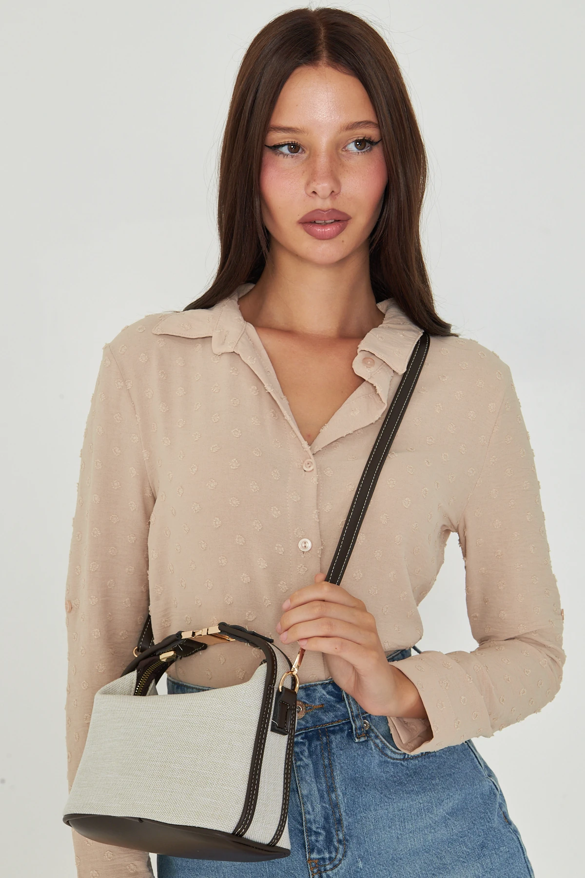 Ravella Kanvas Metal Tokalı Kadın El, Kol ve Omuz Çantası - Kahverengi