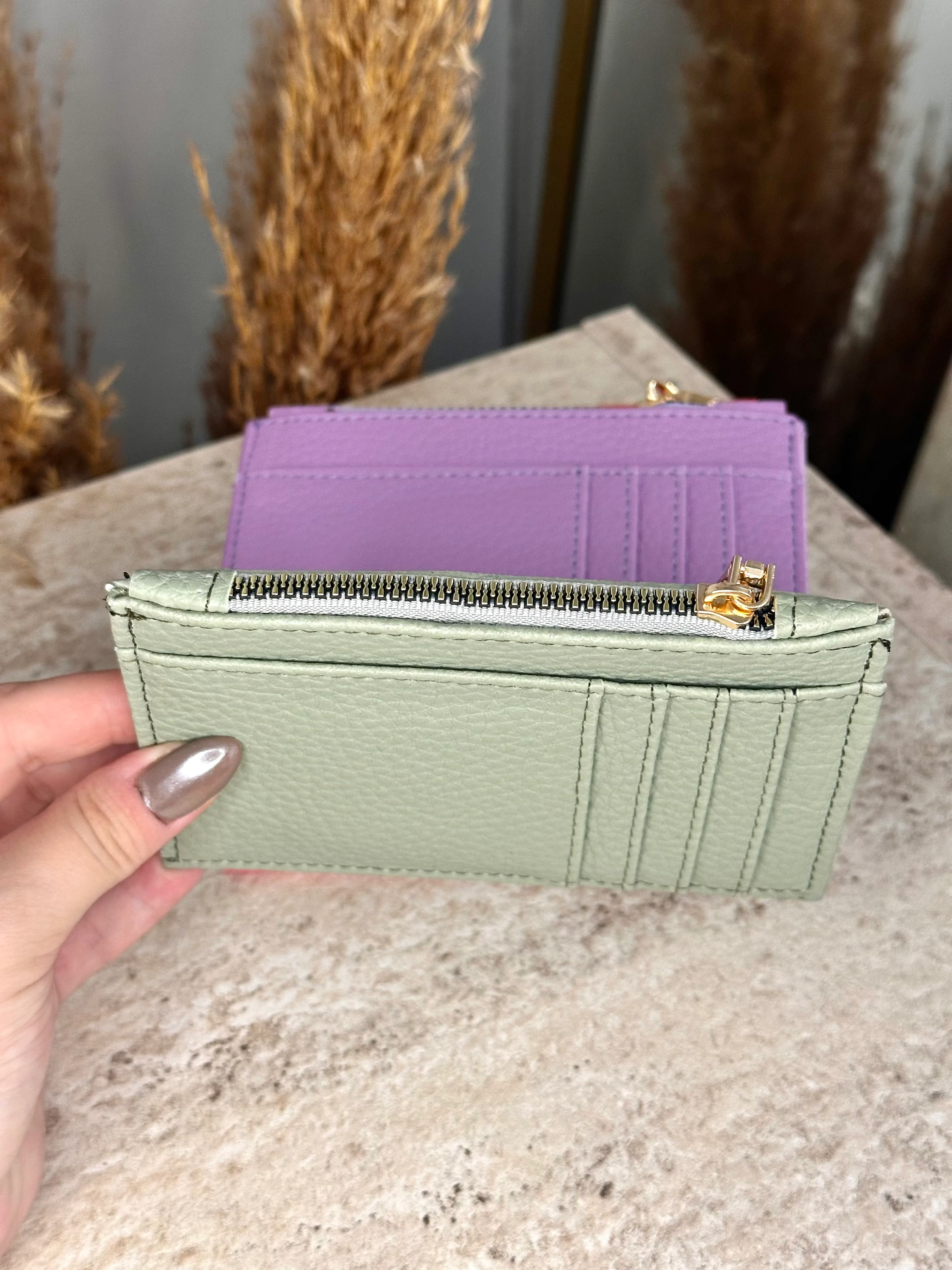 Suni Deri Kadın Kartlık - Fermuarlı Kartlık ve Para Bölmeli - Su Yeşili