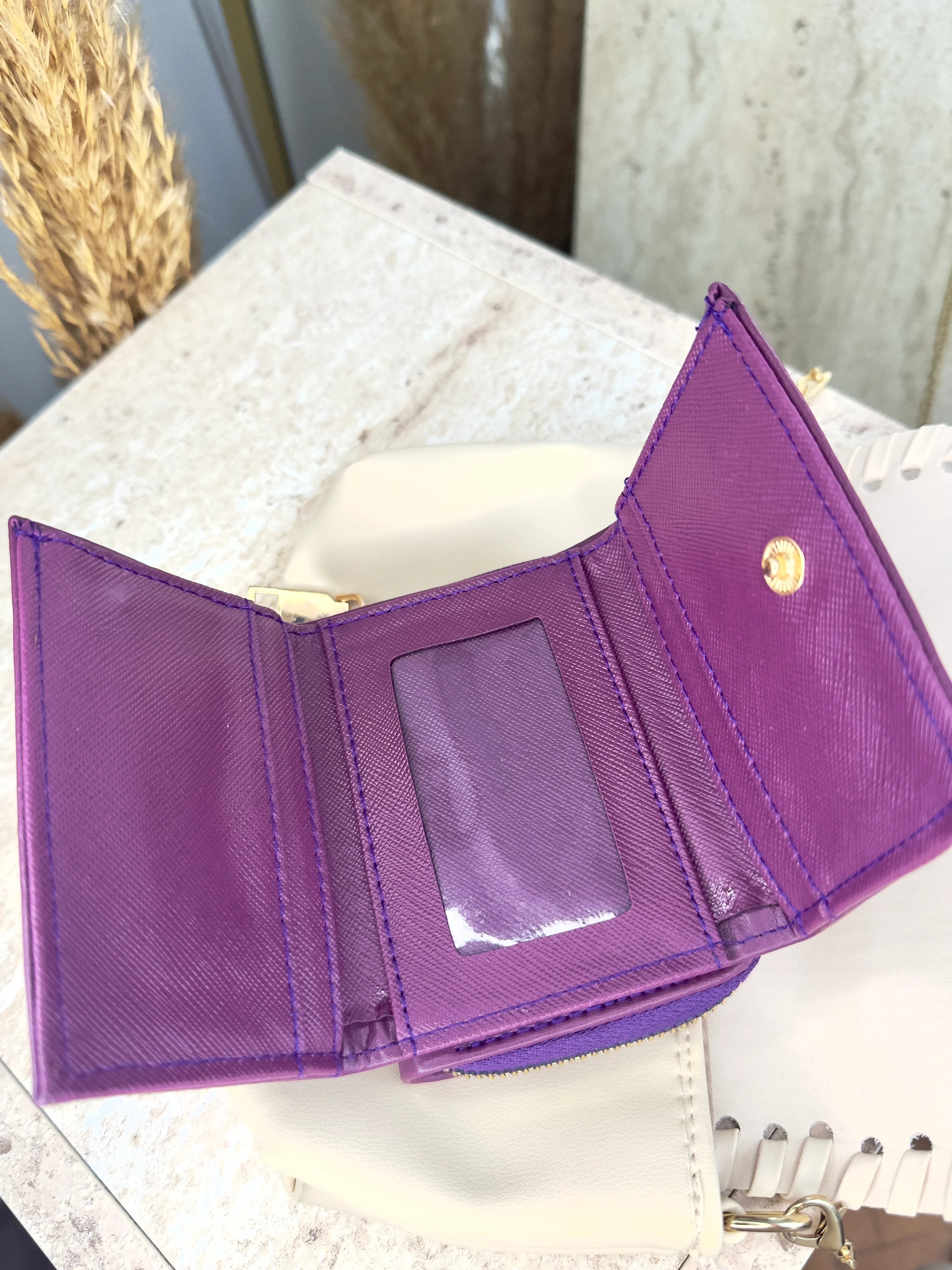 Suni Deri Kadın Orta Boy Çıtçıtlı Cüzdan- Kağıt ve Bozuk Para Bölmeli - Lila