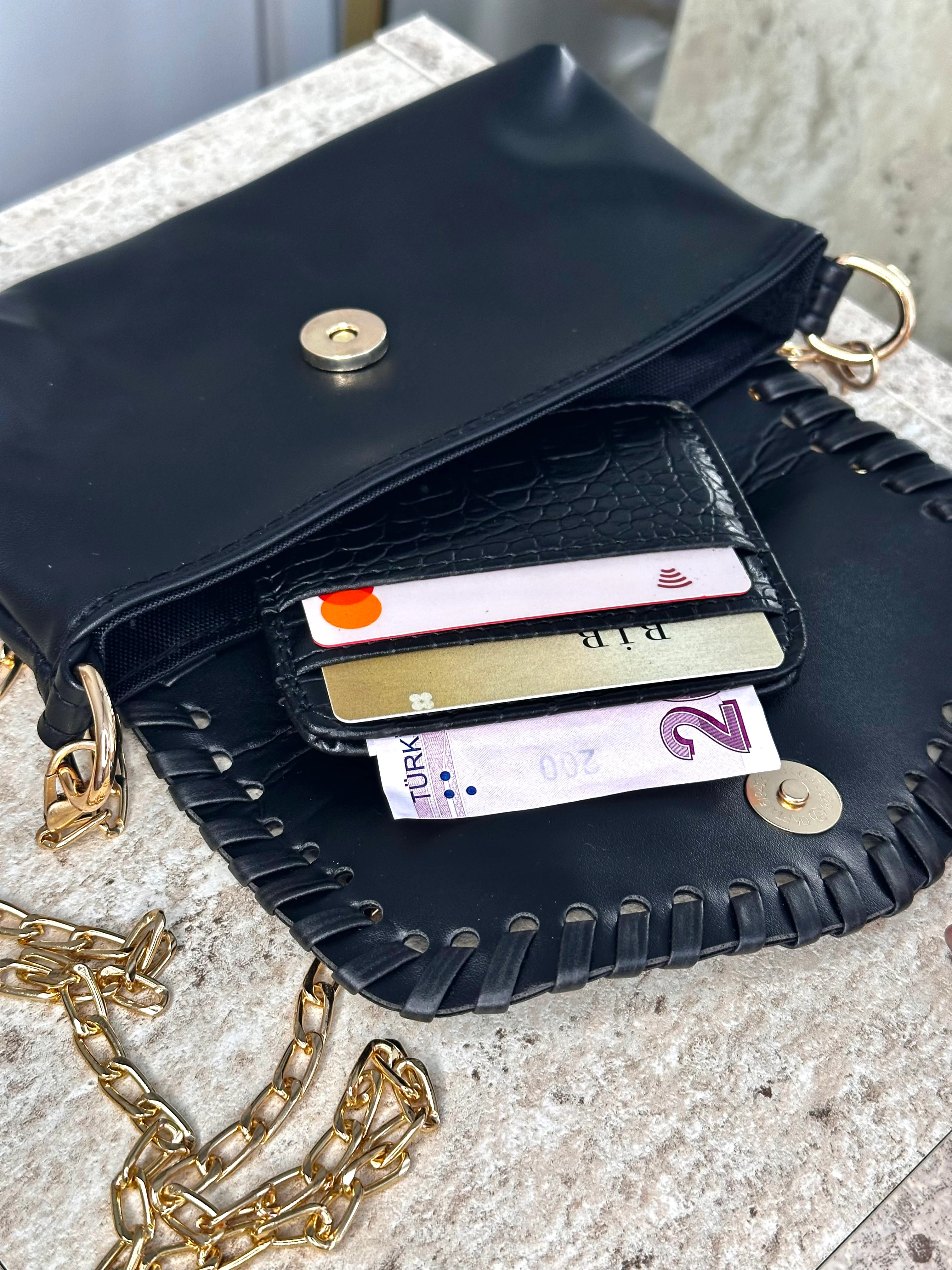 Dokulu Suni Deri, Kartlık - Kağıt Para Bölmeli Unisex Kartlık - Siyah