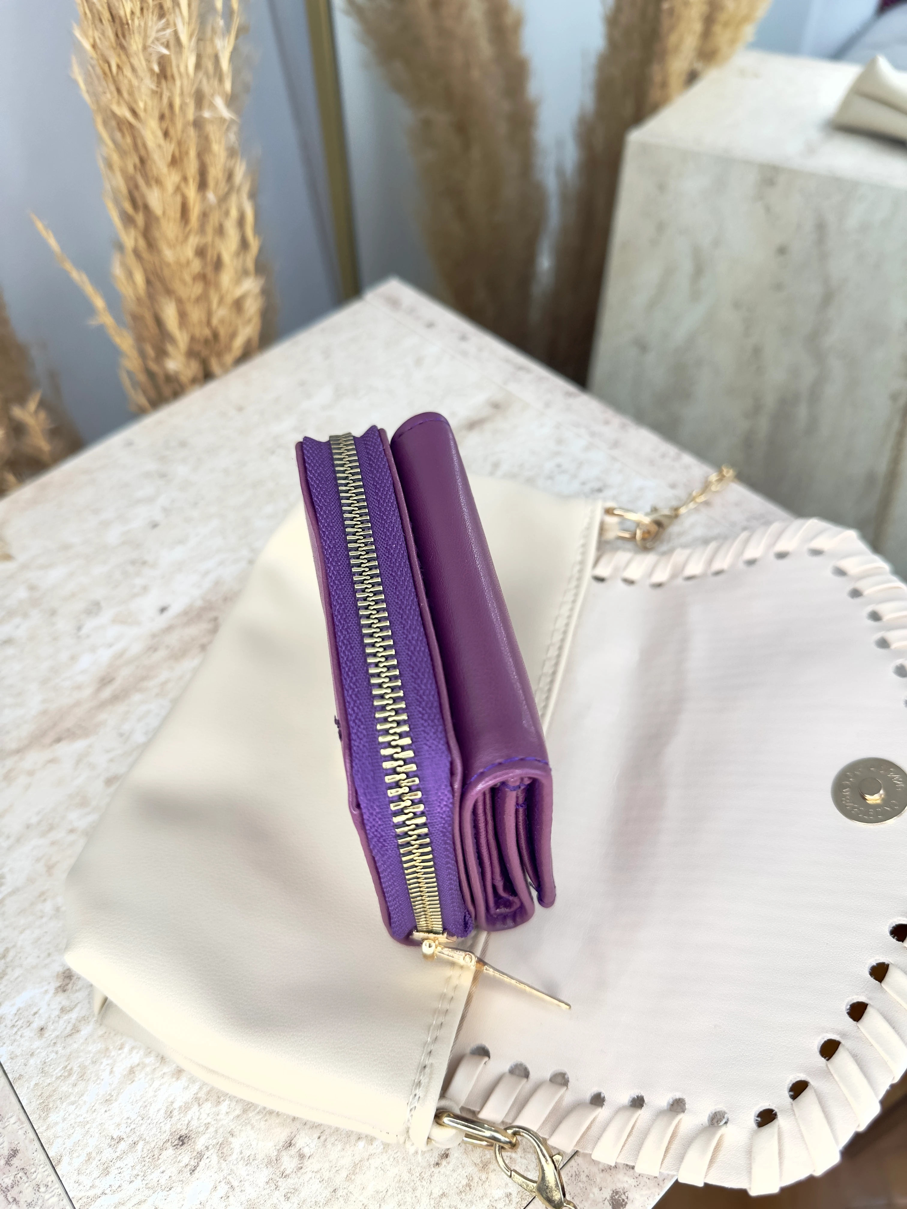 Suni Deri Kadın Orta Boy Çıtçıtlı Cüzdan- Kağıt ve Bozuk Para Bölmeli - Lila