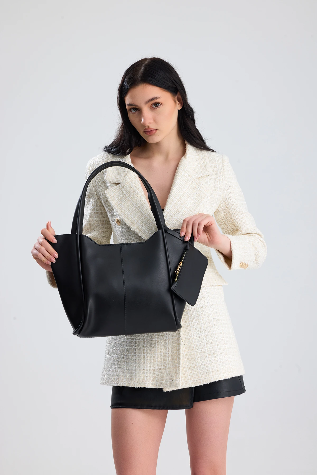  Velina Cüzdan Detaylı Büyük Boy Kadın El, Kol ve Omuz Çantası - Siyah