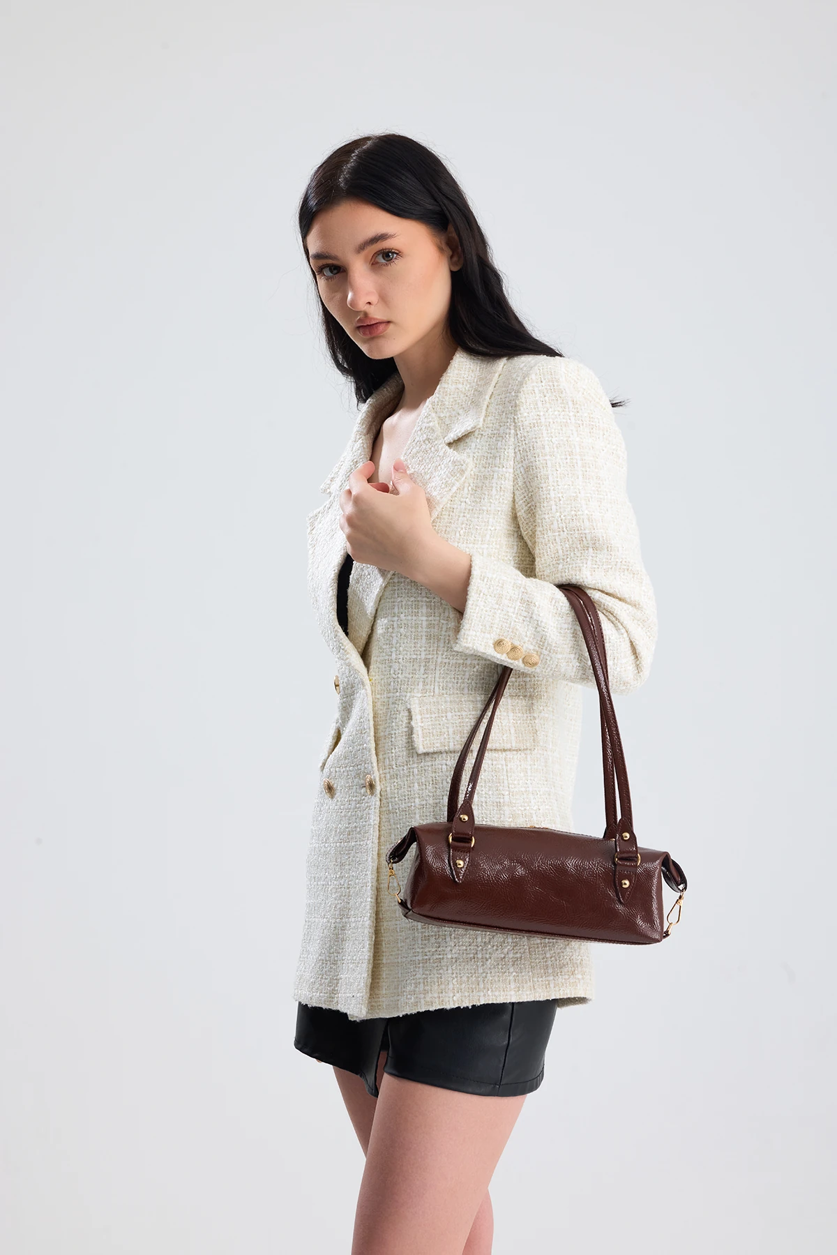 Olivra Toka Detaylı Mini Kadın Omuz, Kol ve El Çantası - Kahverengi