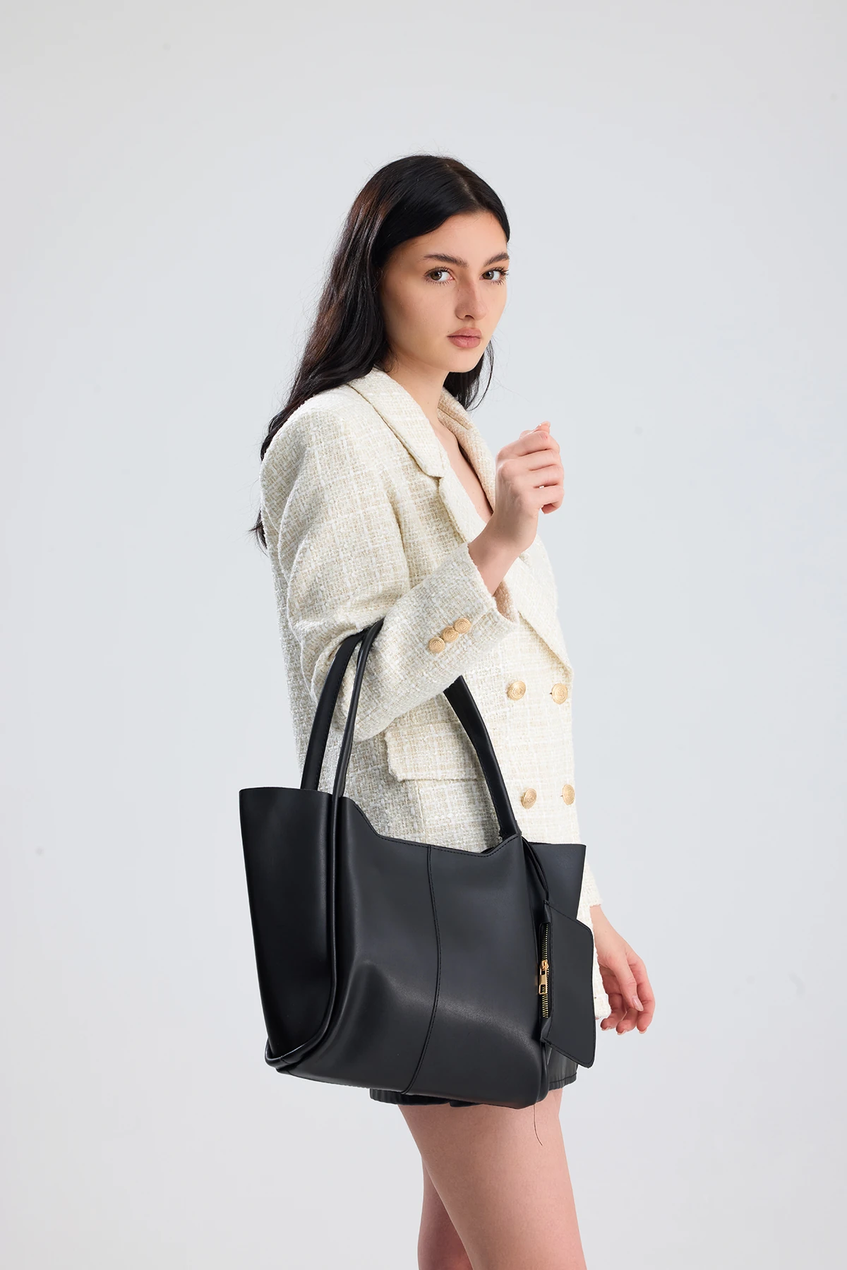  Velina Cüzdan Detaylı Büyük Boy Kadın El, Kol ve Omuz Çantası - Siyah