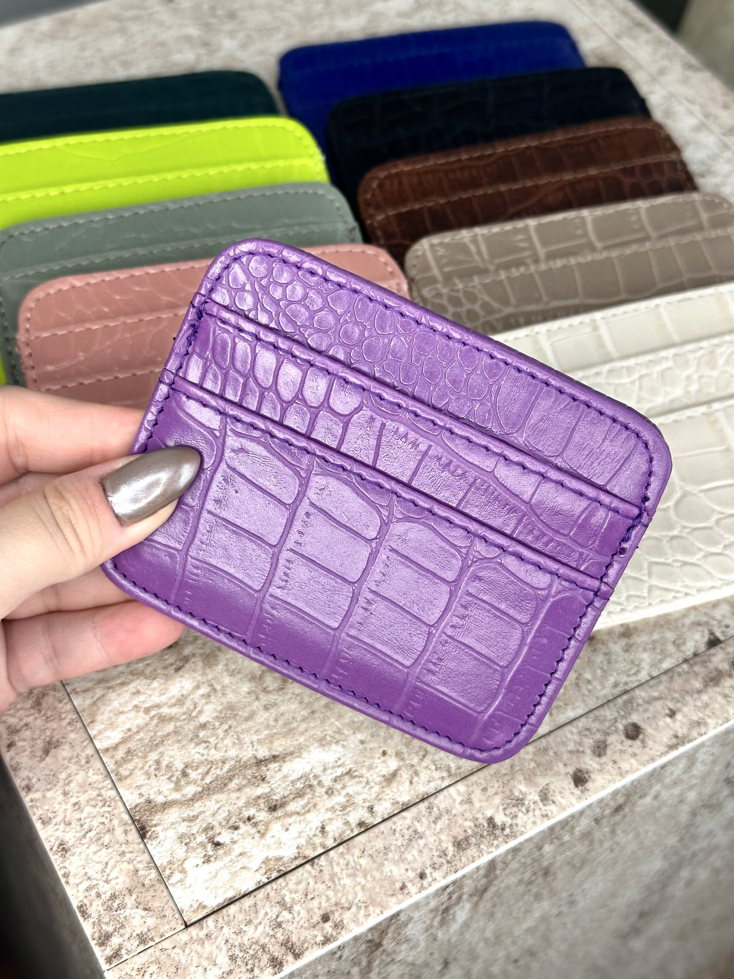 Dokulu Suni Deri, Kartlık - Kağıt Para Bölmeli Unisex Kartlık - Lila