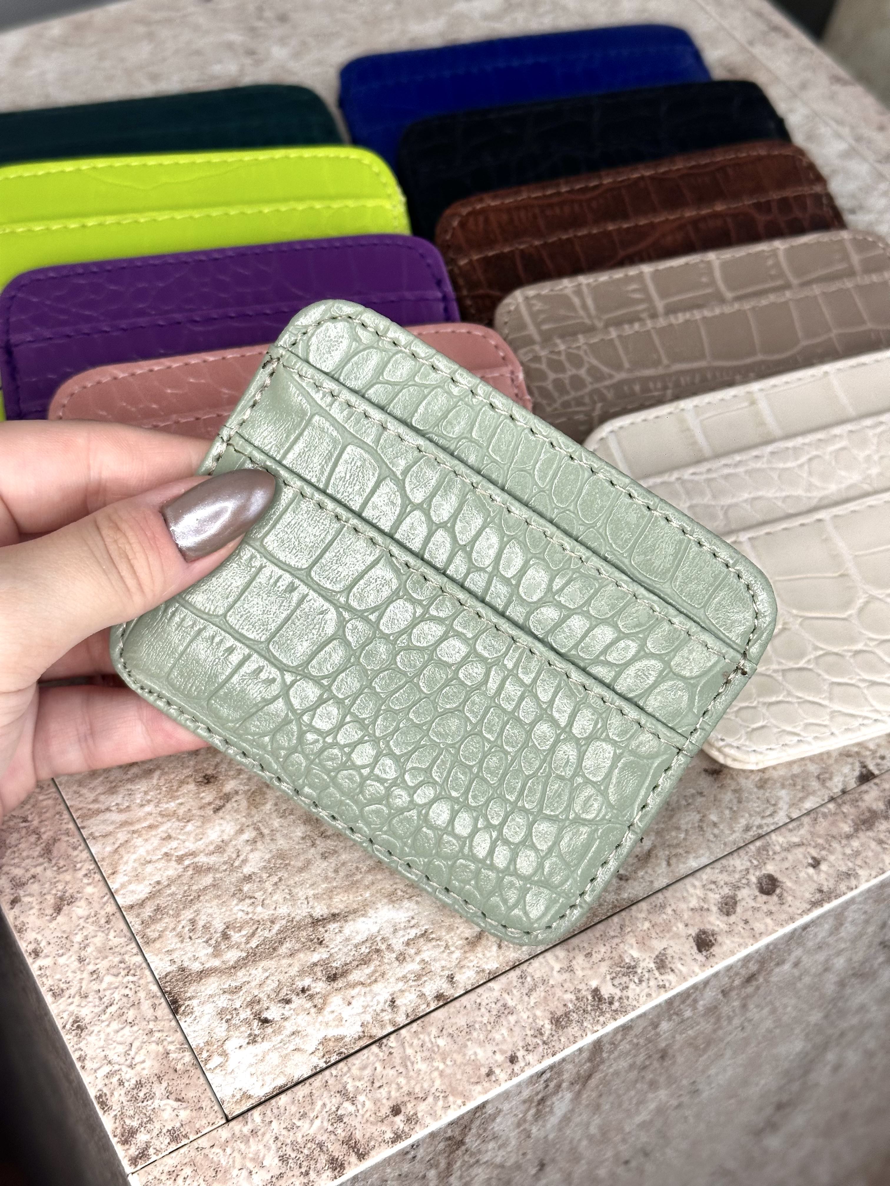 Dokulu Suni Deri, Kartlık - Kağıt Para Bölmeli Unisex Kartlık - Su Yeşili