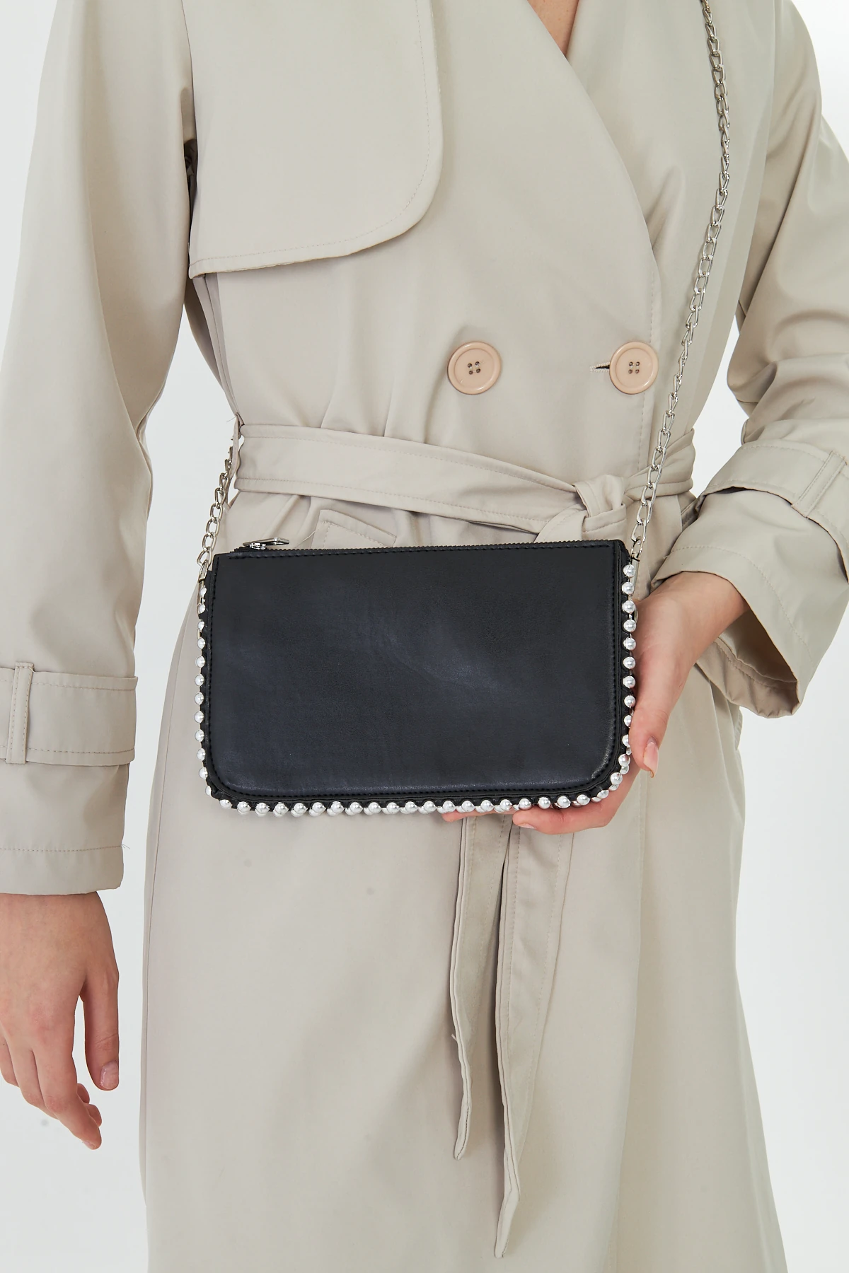 Feyora Zincir Askılı Boncuklu Kadın Omuz, Kol ve El Çantası - Siyah