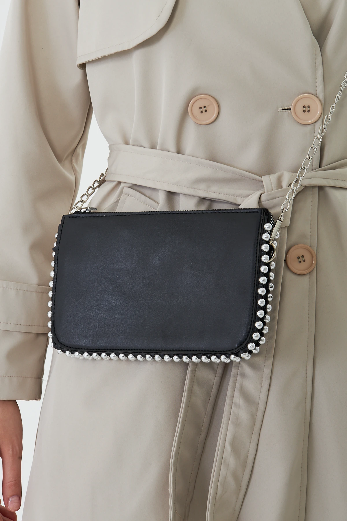 Feyora Zincir Askılı Boncuklu Kadın Omuz, Kol ve El Çantası - Siyah