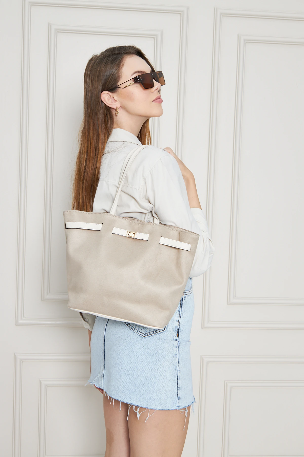 Debra Süet Omuz Çantası - Bej