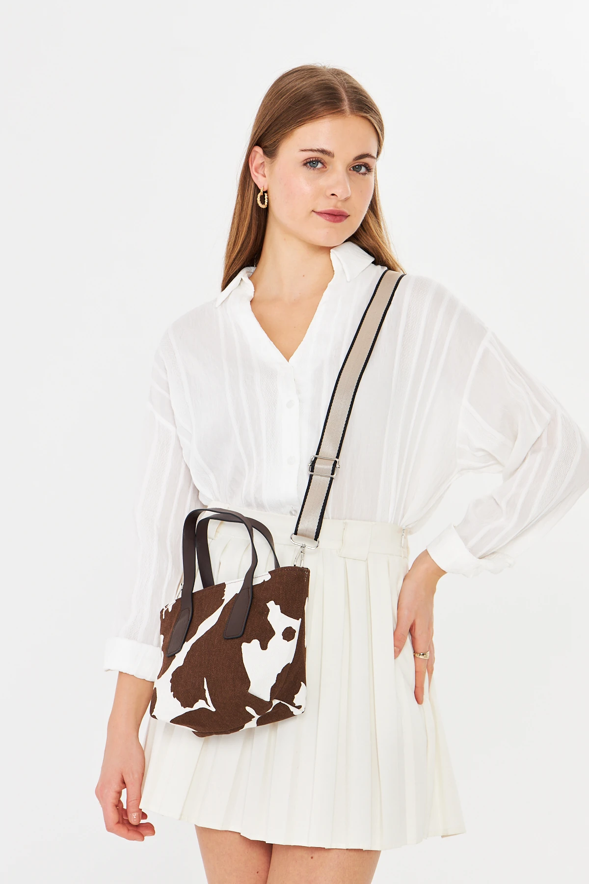 Besti Uzun Askılı Çapraz Çanta - Cow Print Brown