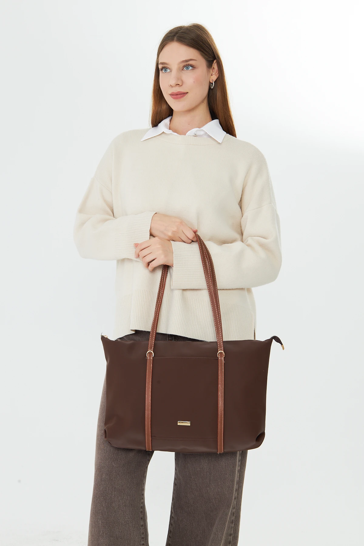 Isola Büyük Boy Şeritli Kadın Omuz, Kol ve El Çantası - Kahverengi