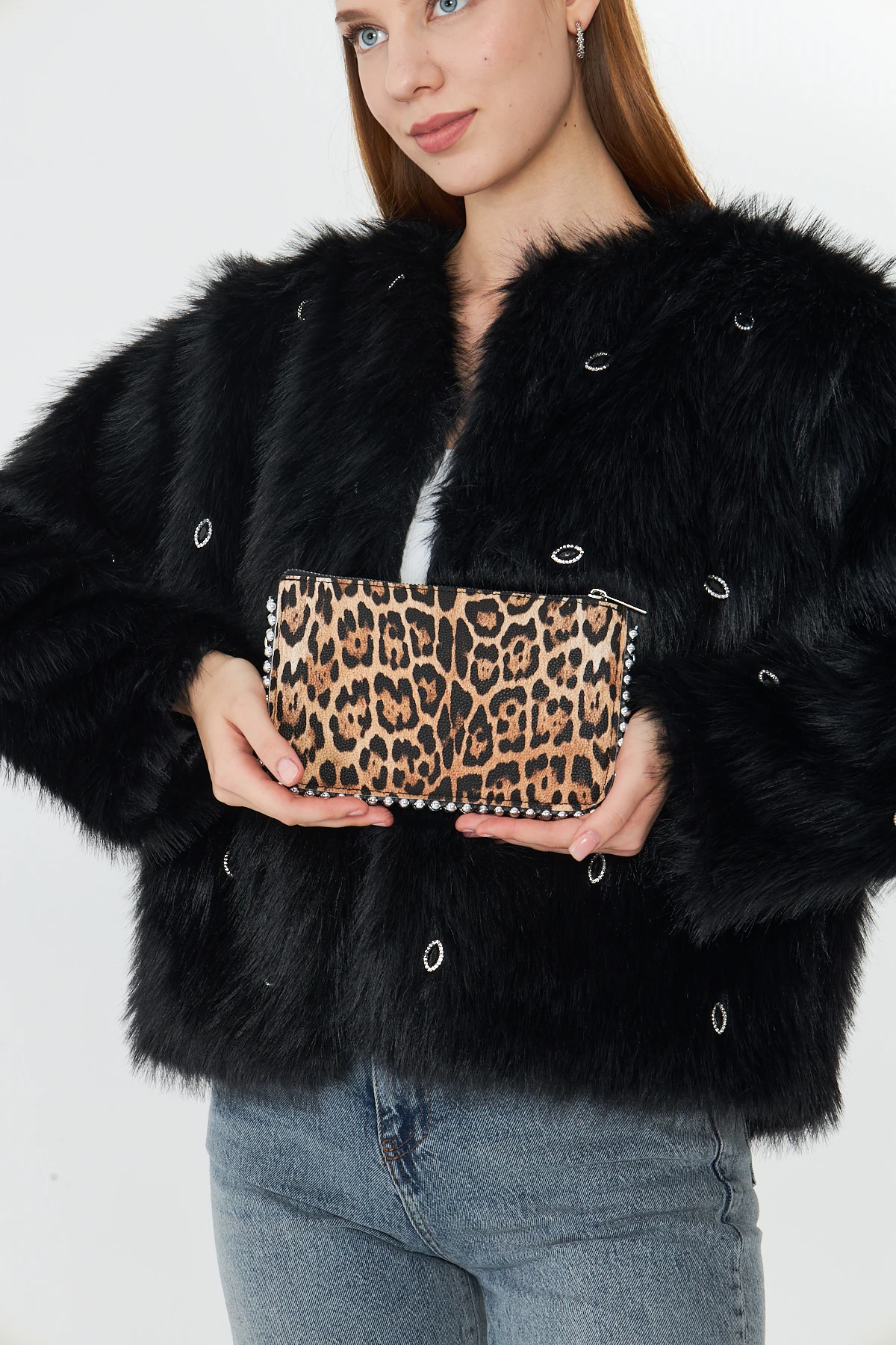 Feyora Zincir Askılı Boncuklu Kadın Omuz, Kol ve El Çantası - Leopar