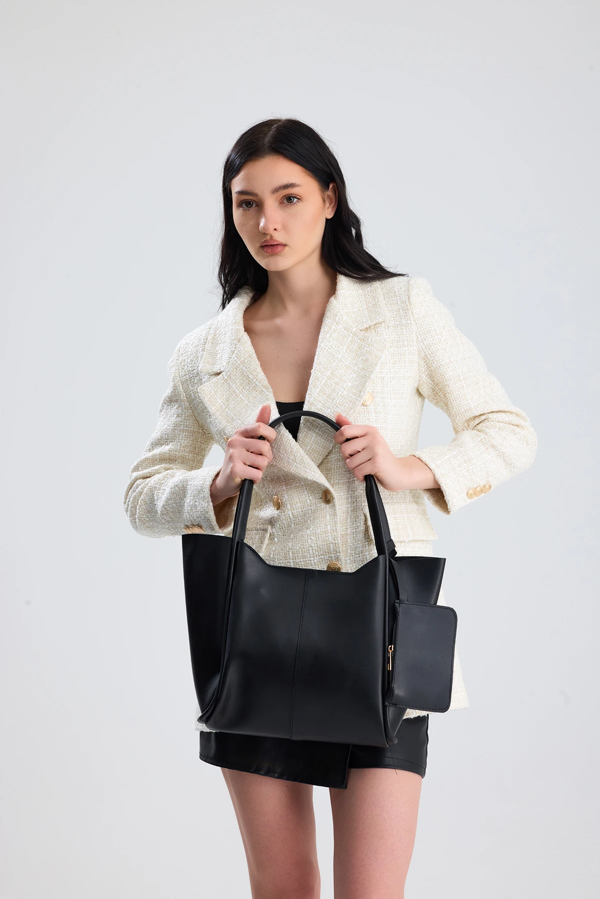  Velina Cüzdan Detaylı Büyük Boy Kadın El, Kol ve Omuz Çantası - Siyah