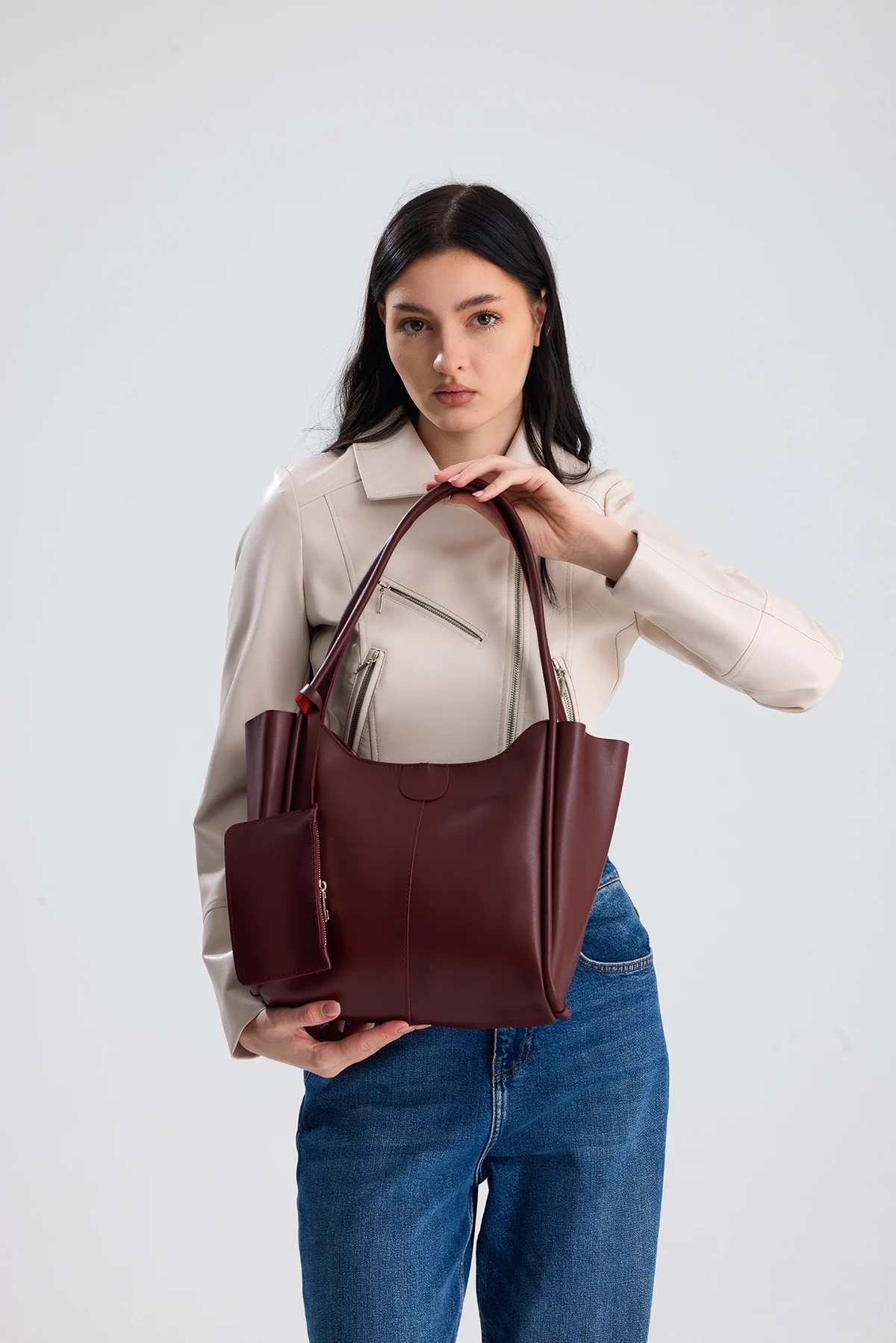  Velina Cüzdan Detaylı Büyük Boy Kadın El, Kol ve Omuz Çantası - Bordo