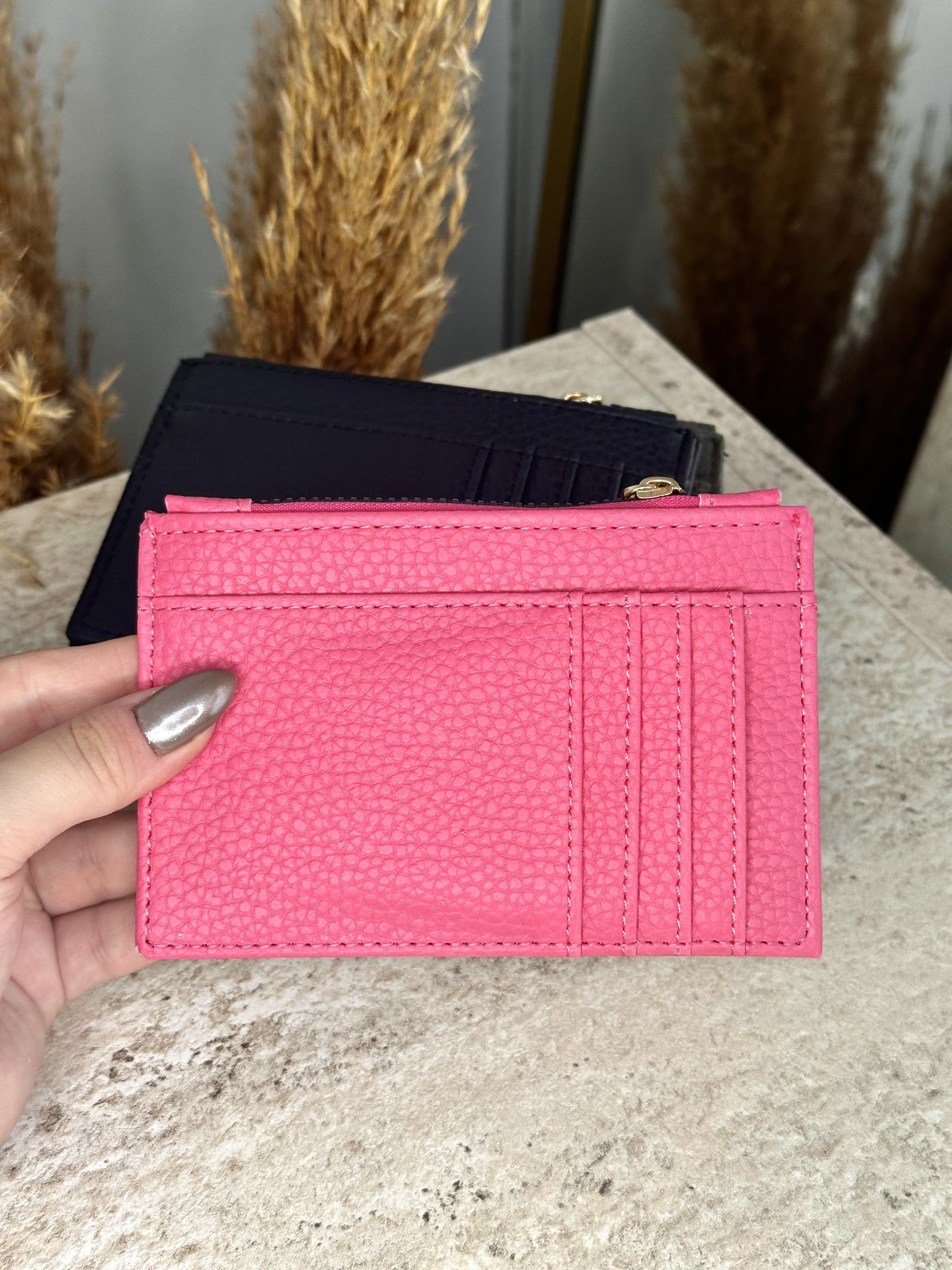 Suni Deri Kadın Kartlık - Fermuarlı Kartlık ve Para Bölmeli - Fuşya