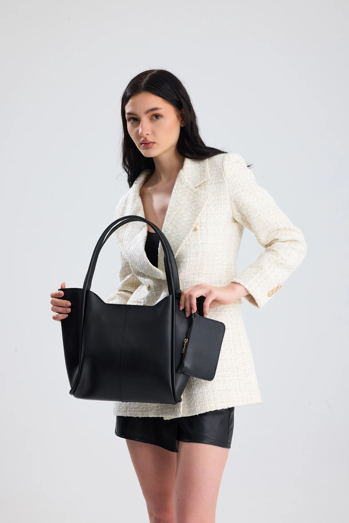  Velina Cüzdan Detaylı Büyük Boy Kadın El, Kol ve Omuz Çantası - Siyah