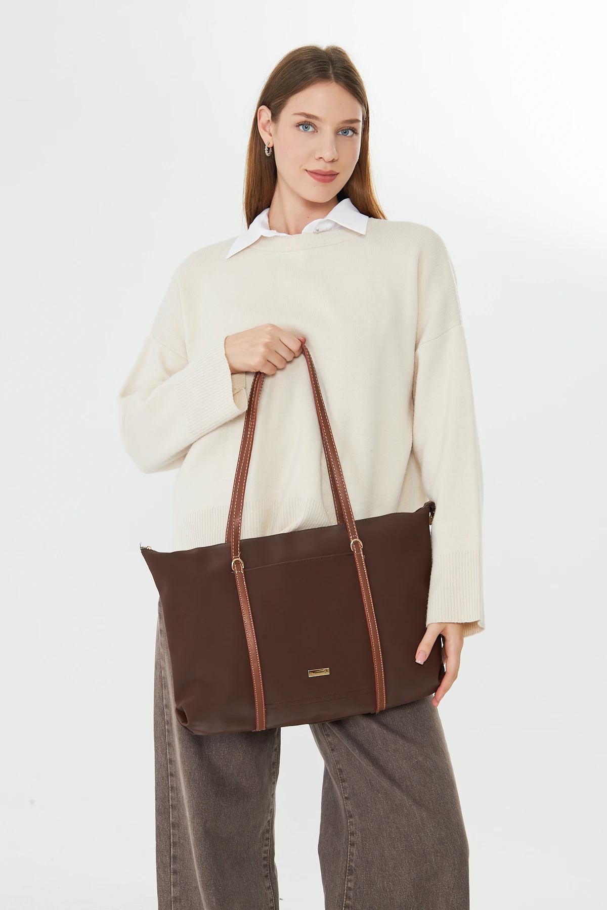 Isola Büyük Boy Şeritli Kadın Omuz, Kol ve El Çantası - Kahverengi