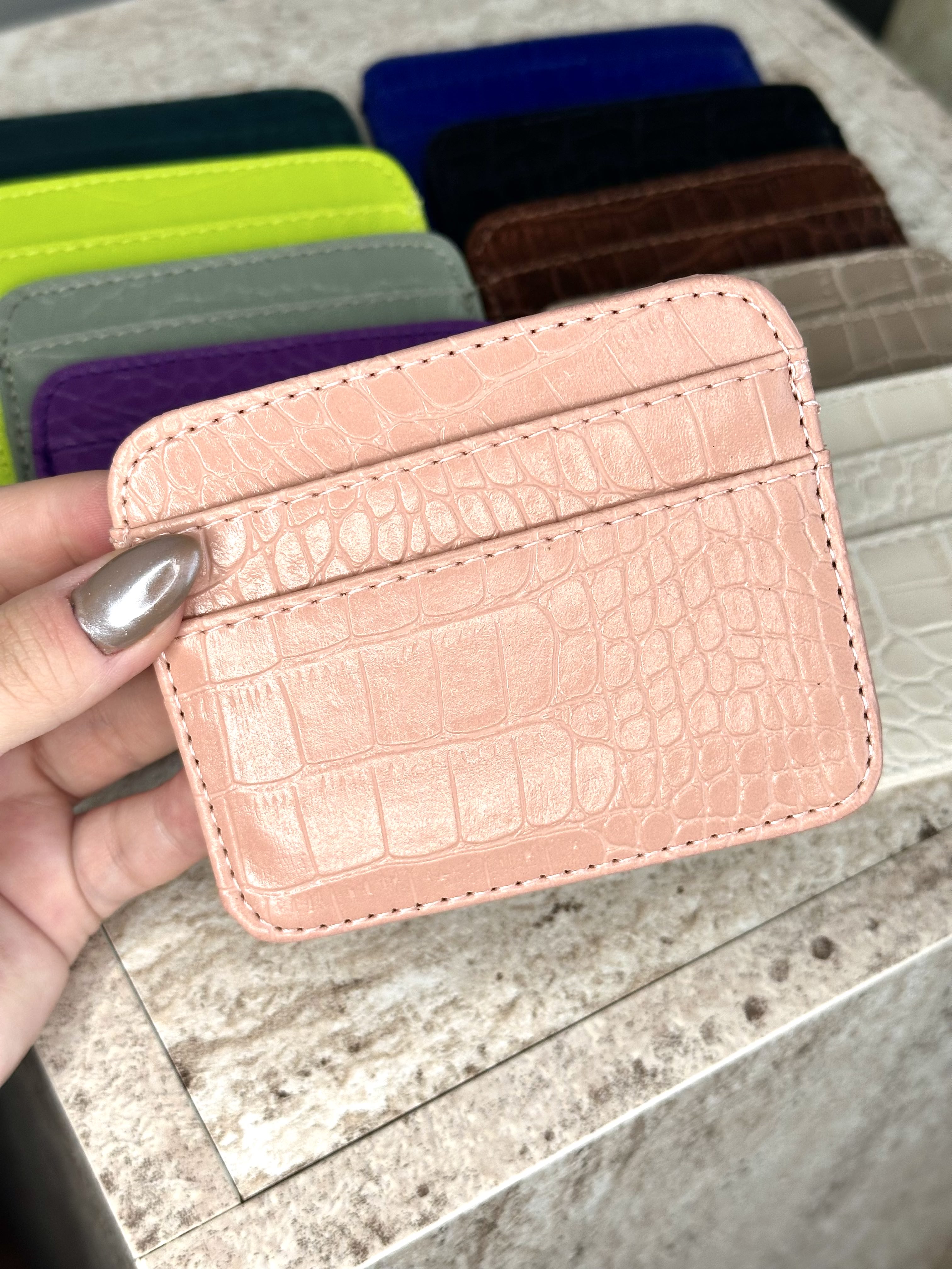 Dokulu Suni Deri, Kartlık - Kağıt Para Bölmeli Unisex Kartlık - Pudra