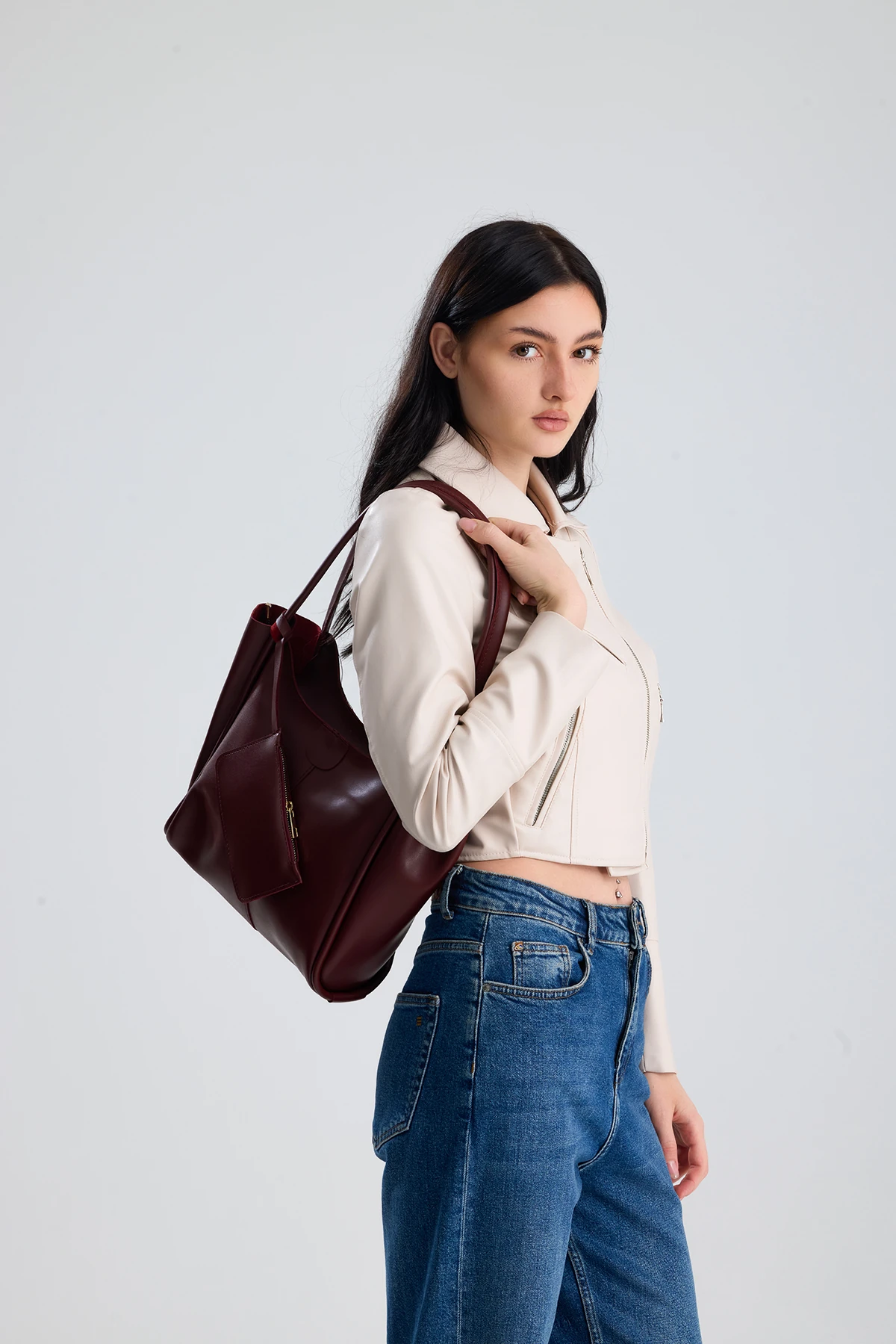  Velina Cüzdan Detaylı Büyük Boy Kadın El, Kol ve Omuz Çantası - Bordo