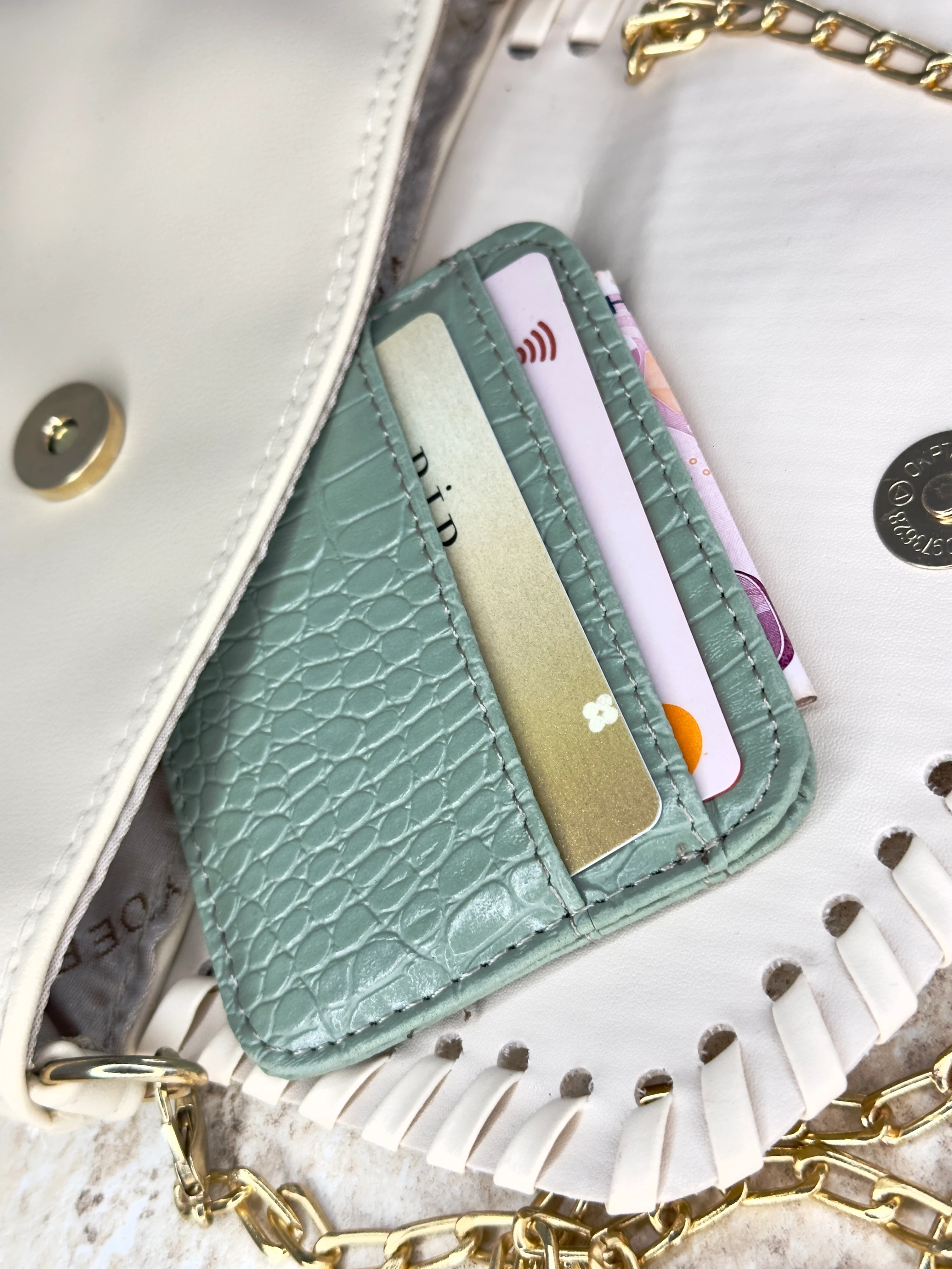 Dokulu Suni Deri, Kartlık - Kağıt Para Bölmeli Unisex Kartlık - Su Yeşili