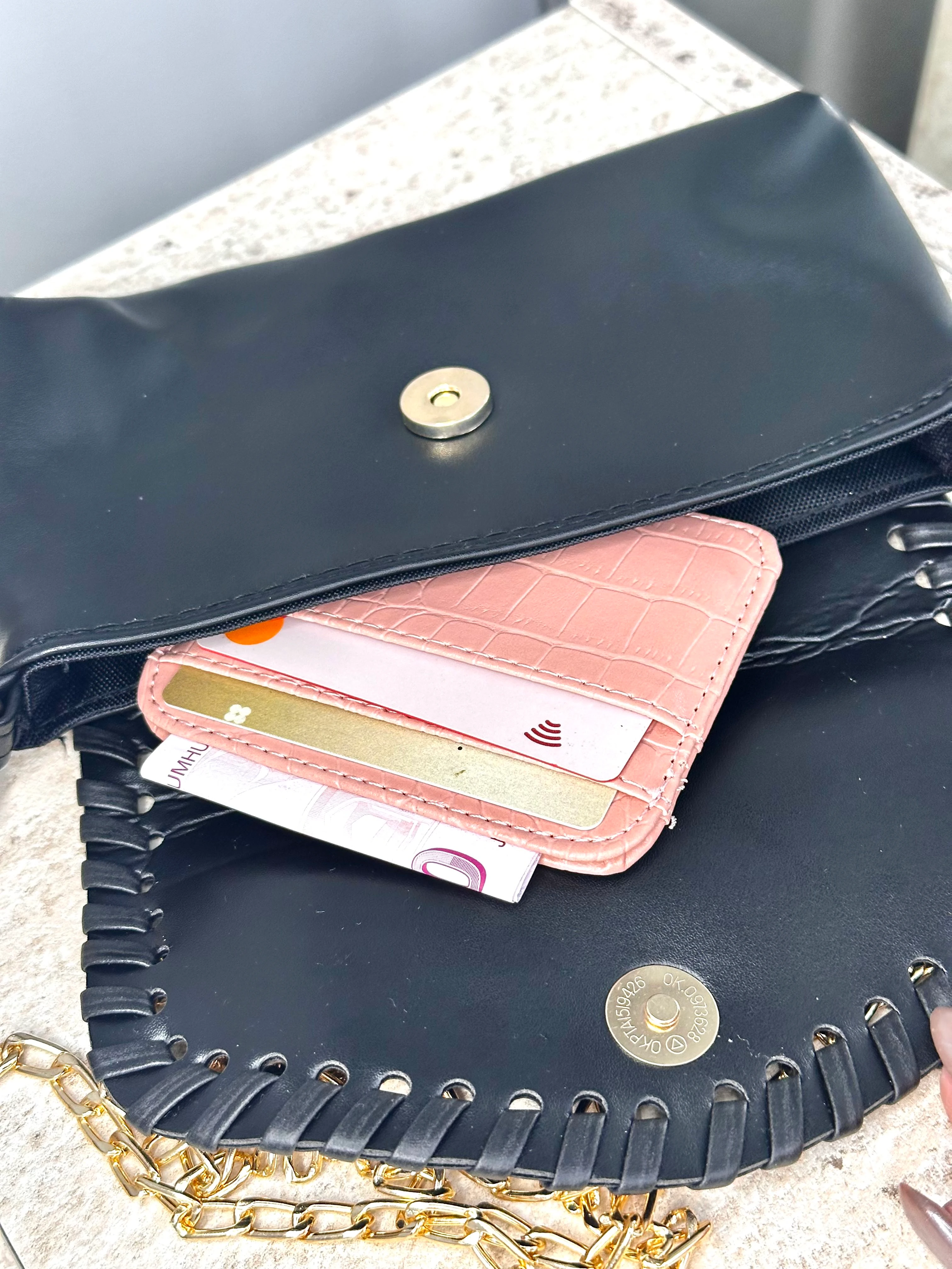 Dokulu Suni Deri, Kartlık - Kağıt Para Bölmeli Unisex Kartlık - Pudra