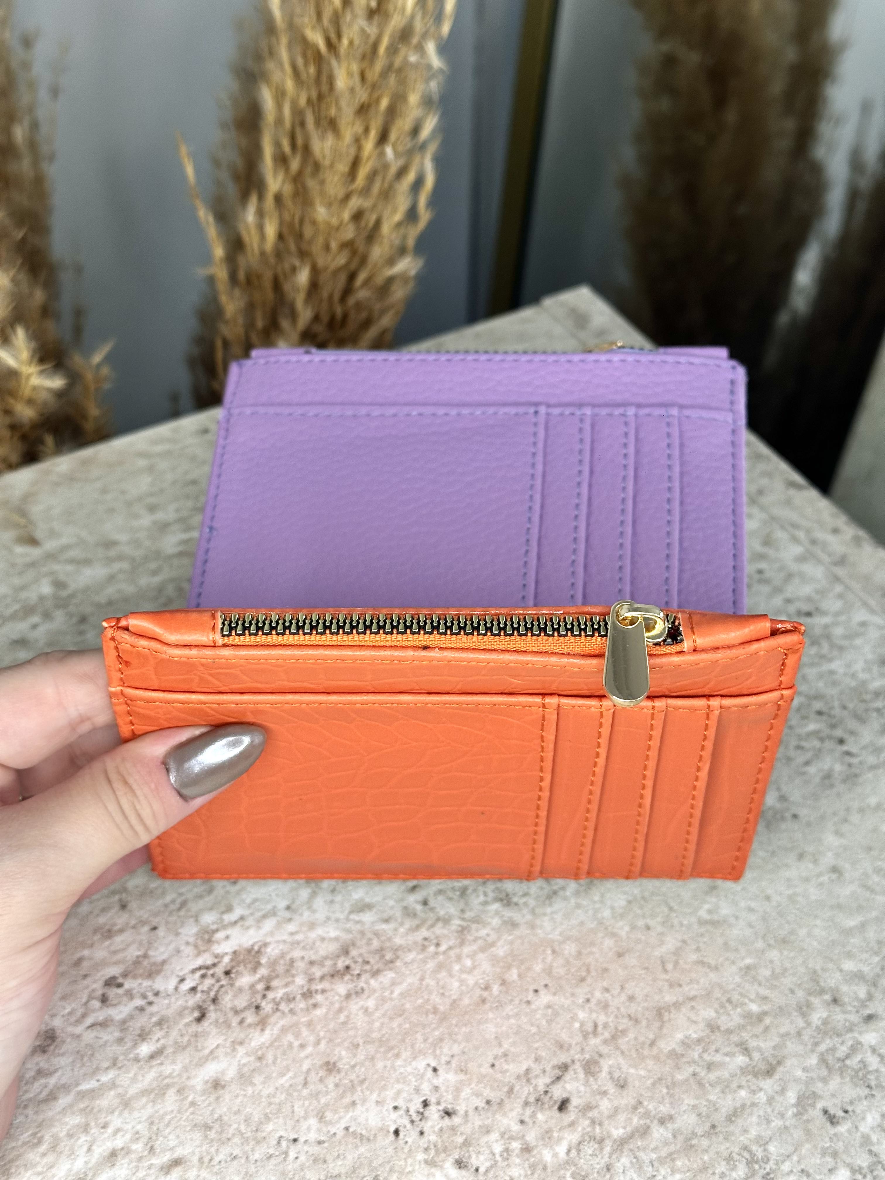 Suni Deri Kadın Kartlık - Fermuarlı Kartlık ve Para Bölmeli - Turuncu