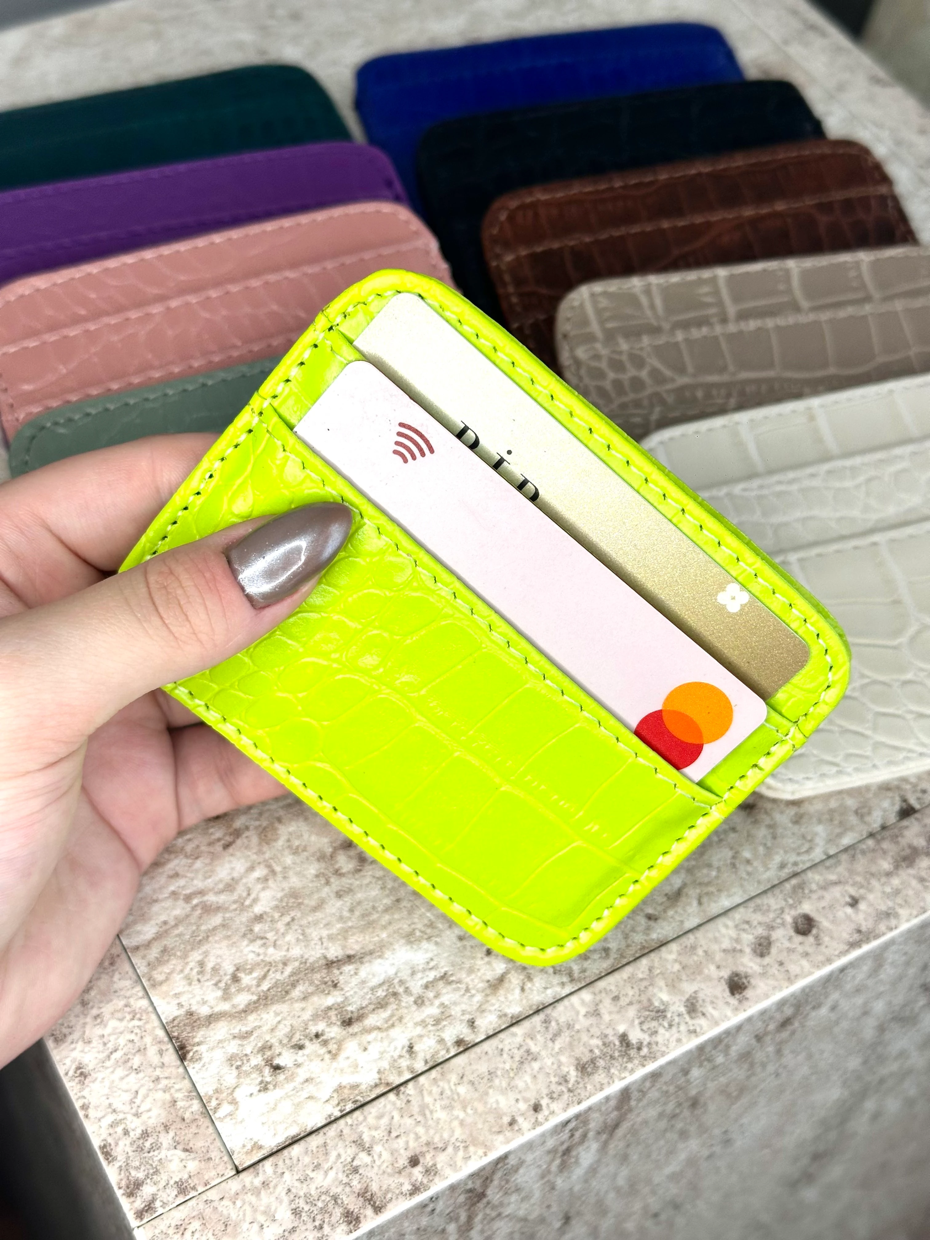 Dokulu Suni Deri, Kartlık - Kağıt Para Bölmeli Unisex Kartlık - Fosfor Yeşili