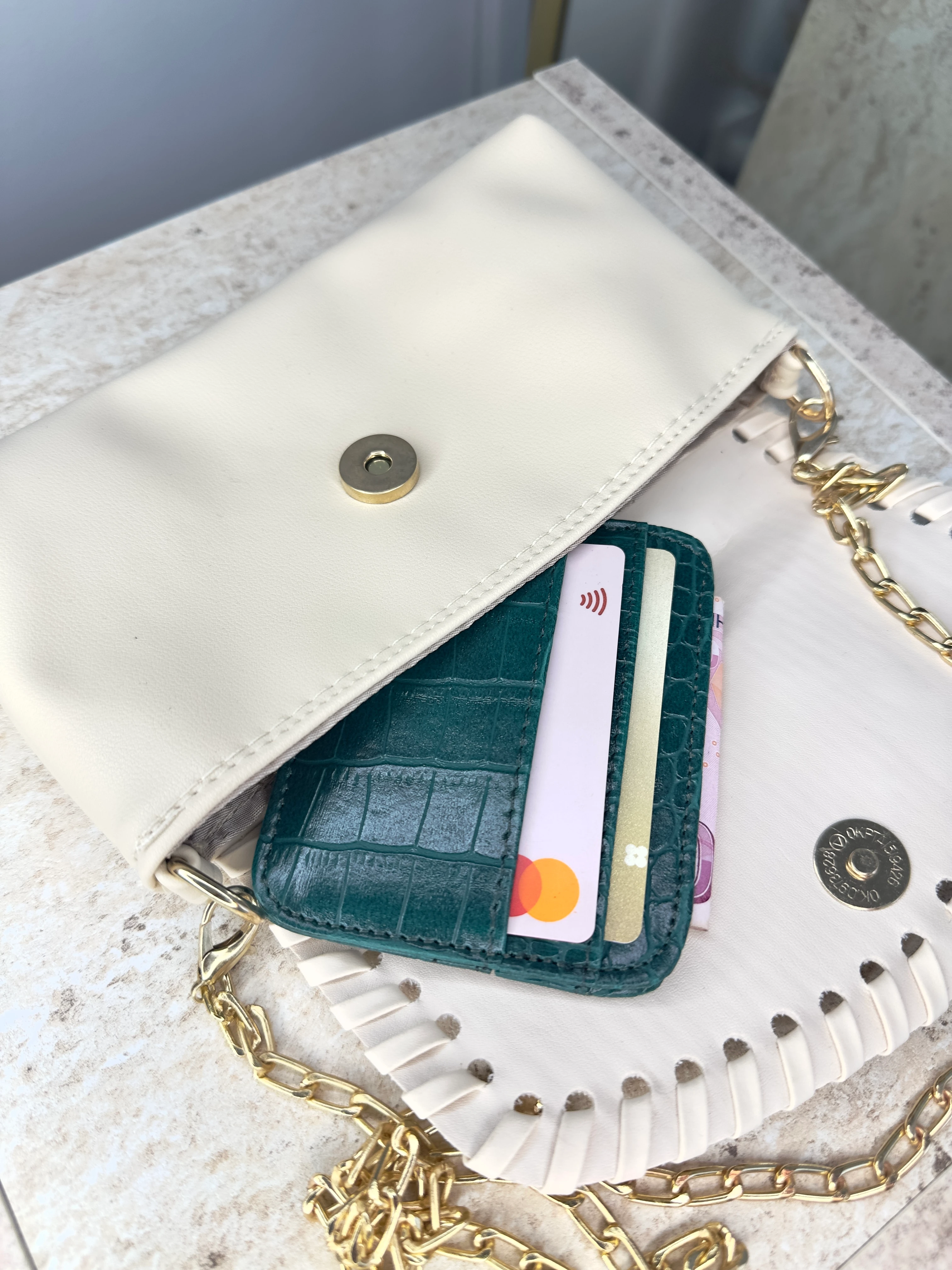 Dokulu Suni Deri, Kartlık - Kağıt Para Bölmeli Unisex Kartlık - Haki