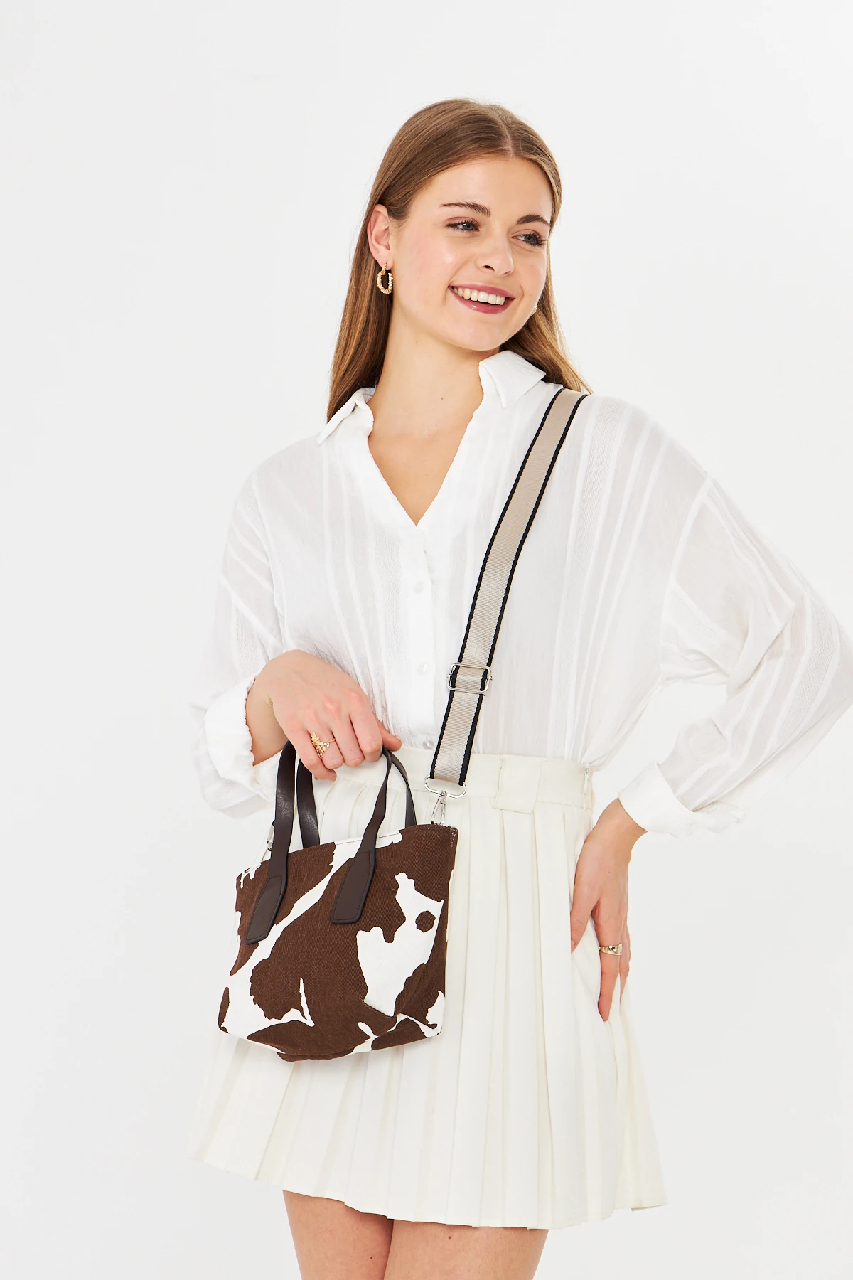 Besti Uzun Askılı Çapraz Çanta - Cow Print Brown